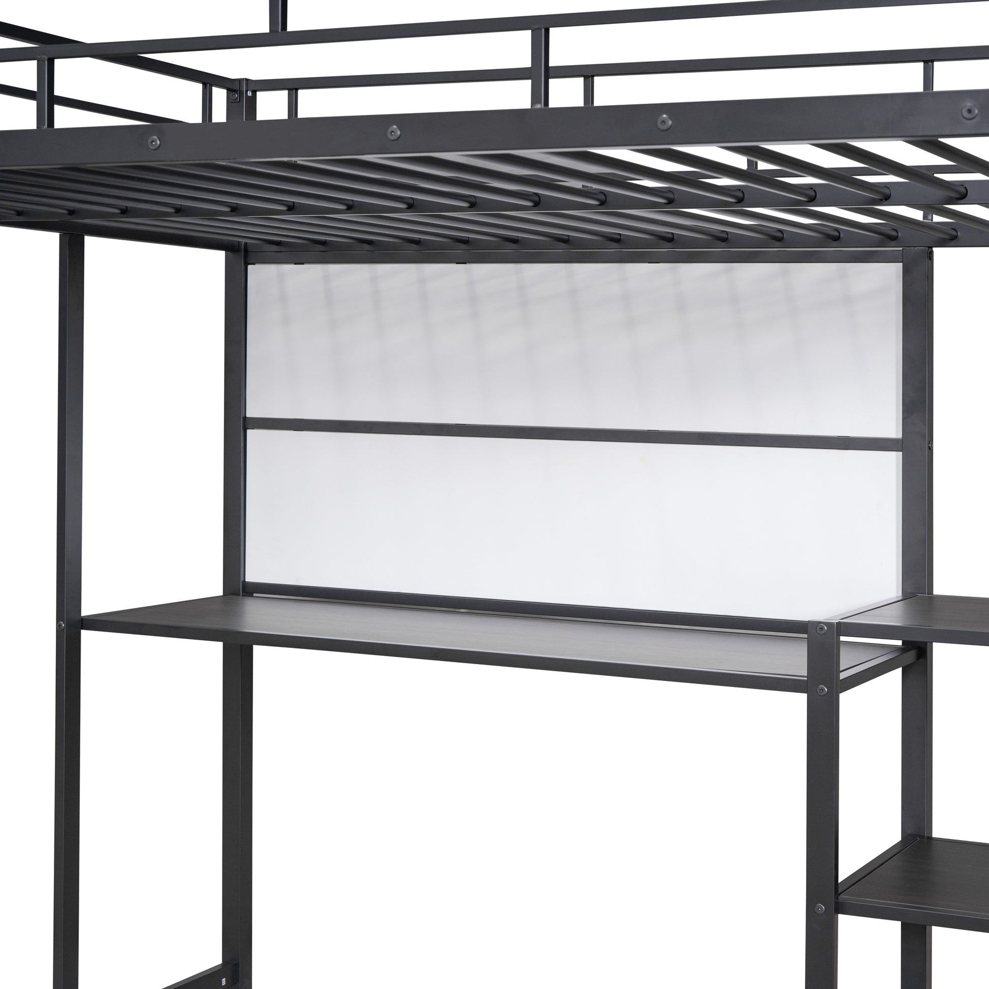 Full Size Loft Bed With Desk And Whiteboard, Metal Loft Bed With 3 Shelves And Ladder, Black Black Steel