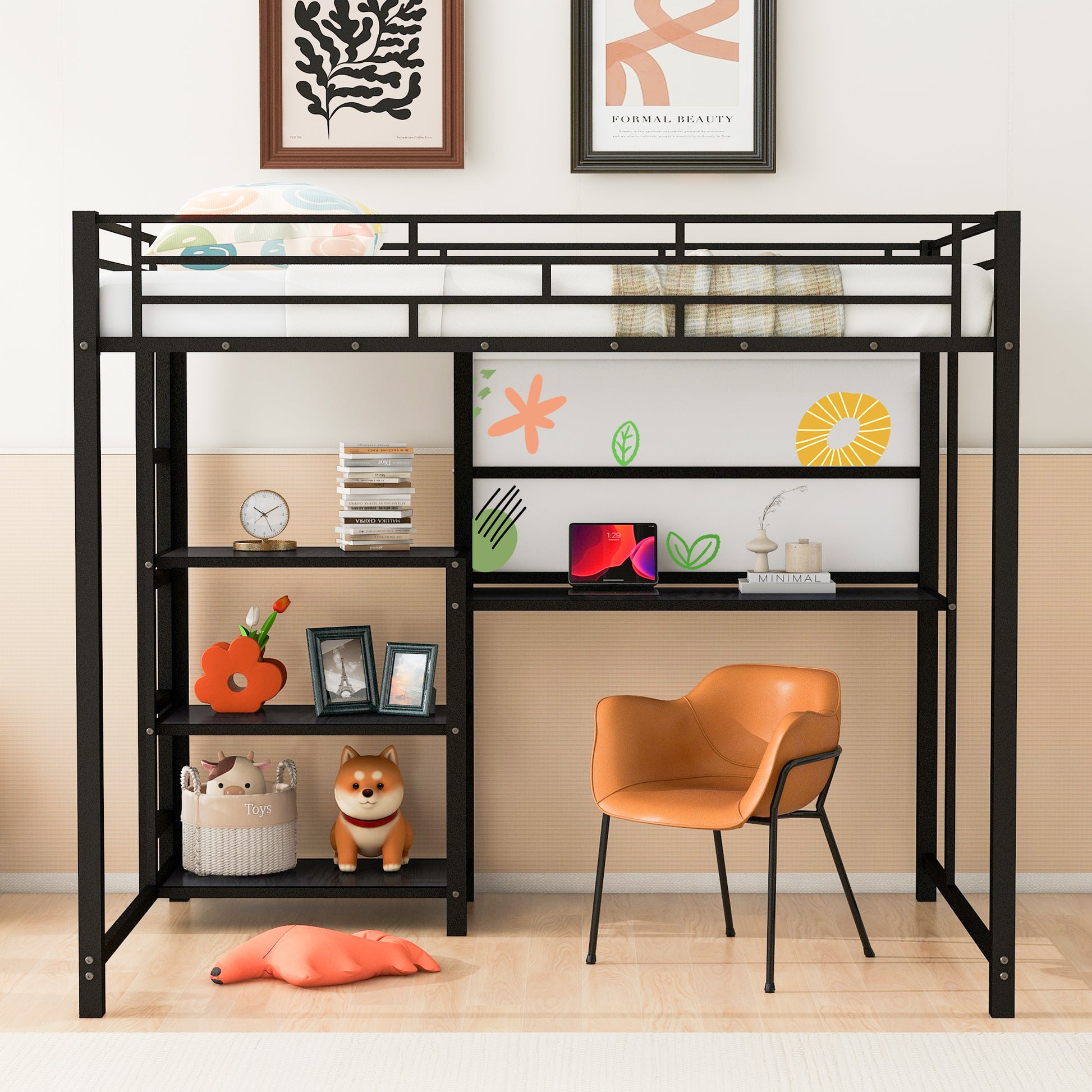 Full Size Loft Bed With Desk And Whiteboard, Metal Loft Bed With 3 Shelves And Ladder, Black Black Steel