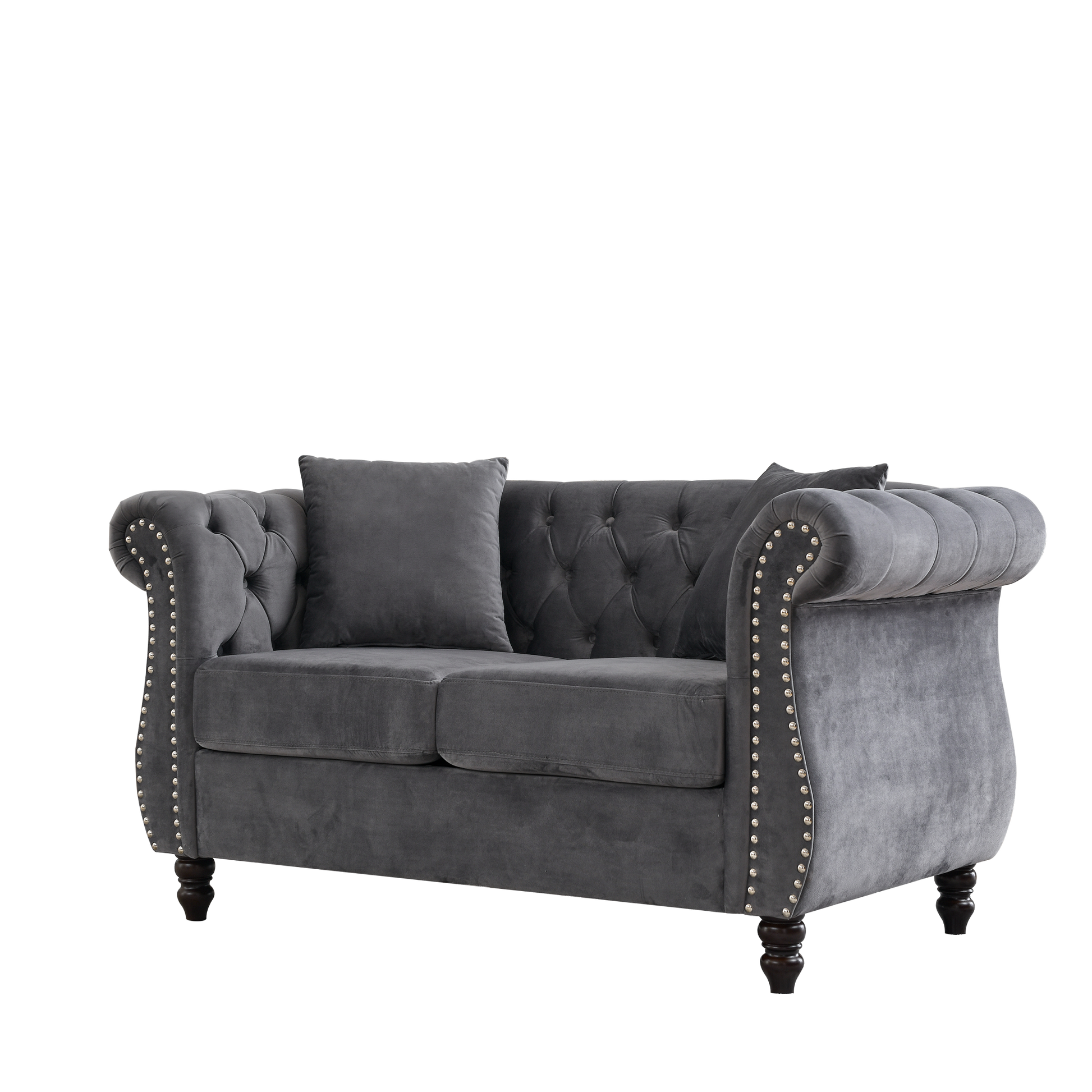 58.8" Chesterfield Sofa Grey Velvet For Living Room, 2 Seater Sofa Tufted Couch With Rolled Arms And For Living Room, Bedroom, Office, Apartment, Two Pillowsw834S00069 Grey Foam Velvet