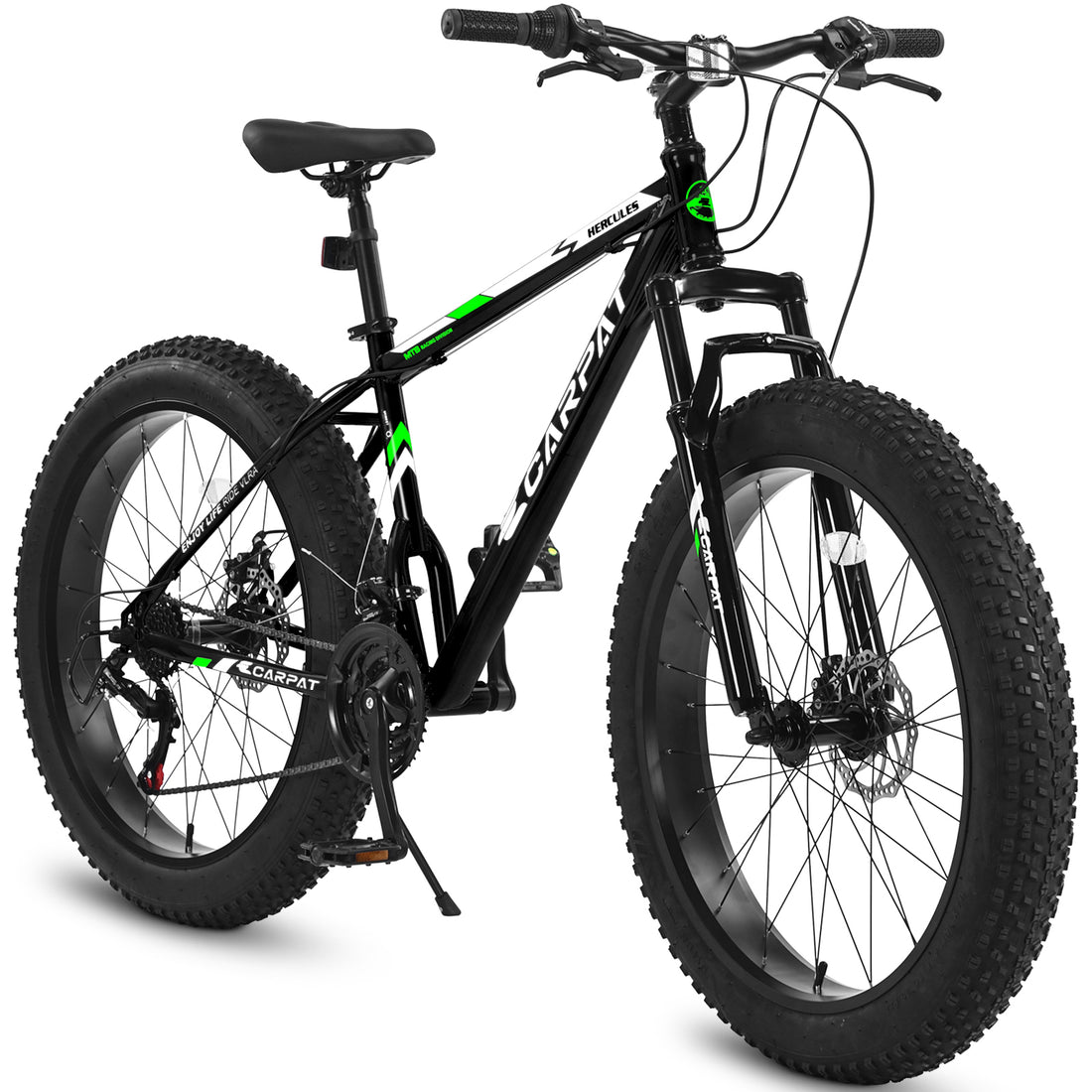 S26109 26 Inch Fat Tire Bike Adult Youth Full Shimano 21 Speed Mountain Bike, Dual Disc Brake, High Carbon Steel Frame, Front Suspension, Mountain Trail Bike, Urban Commuter City Bicycle Cycling Black Without Anti Slip Garden & Outdoor American Design