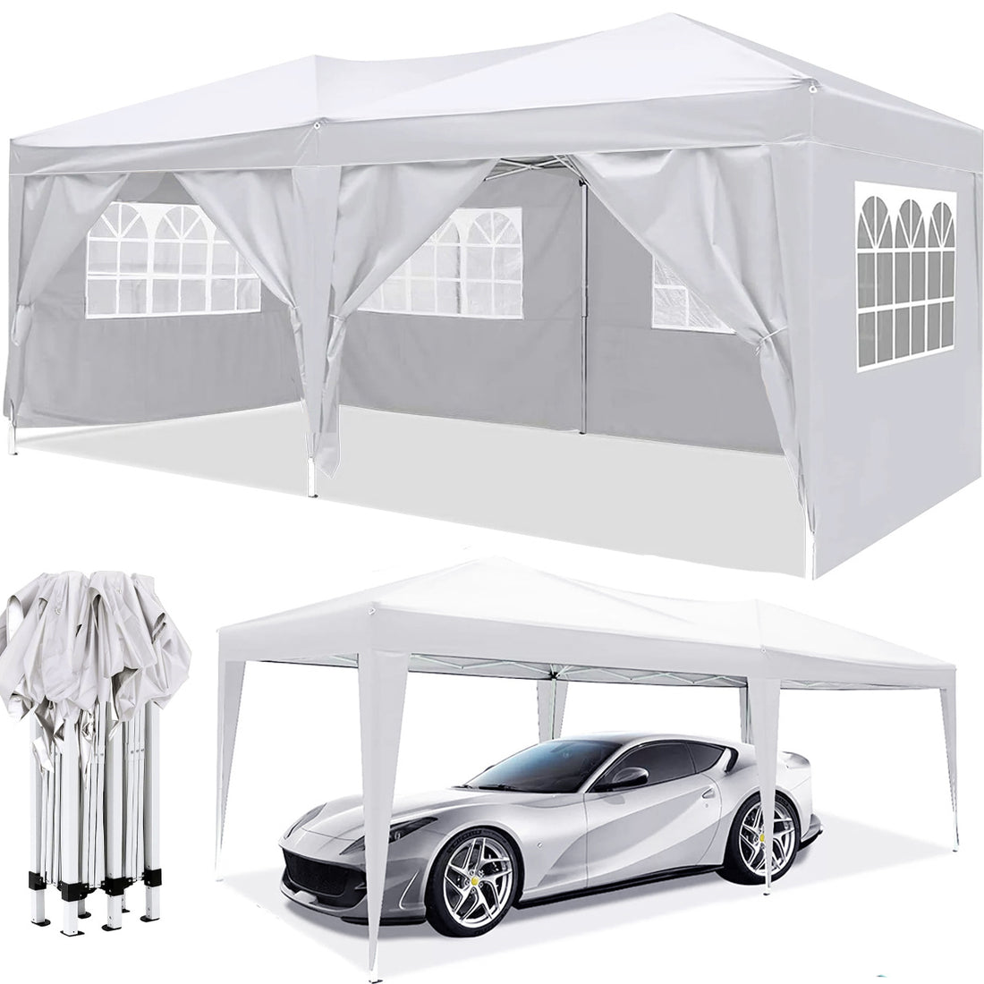 10X20 Ez Pop Up Canopy Outdoor Portable Party Folding Tent With 6 Removable Sidewalls Carry Bag 4Pcs Weight Bag White Metal