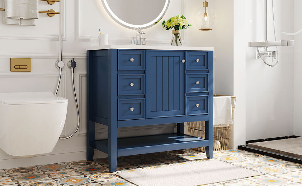 36" Bathroom Vanity With Sink Combo, One Cabinet And Three Drawers, Solid Wood And Mdf Board, Blue Blue Solid Wood Mdf