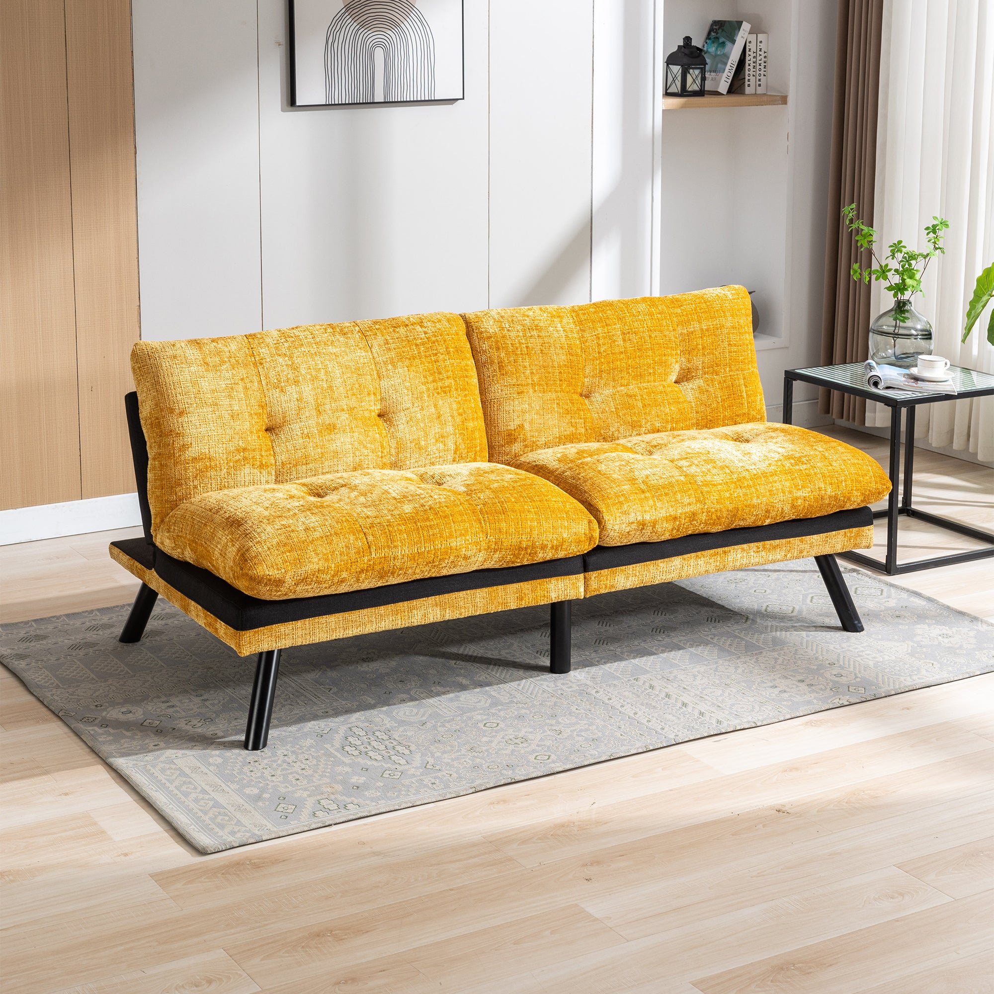 Convertible Sofa Bed Loveseat Futon Bedadjustable Lounge Couch With Metal Legs,Futon Sets For Compact Living Space Chenille Yellow Yellow Upholstered