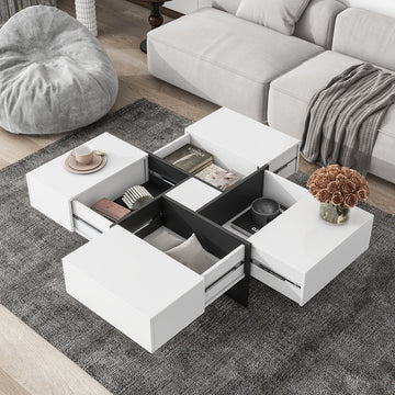 Unique Design Coffee Table With 4 Hidden Storage Compartments, Square Cocktail Table With Extendable Sliding Tabletop, Uv High Gloss Design Center Table For Living Room, 31.5"X 31.5" White Soft Close Drawers Primary Living Space Freestanding Square