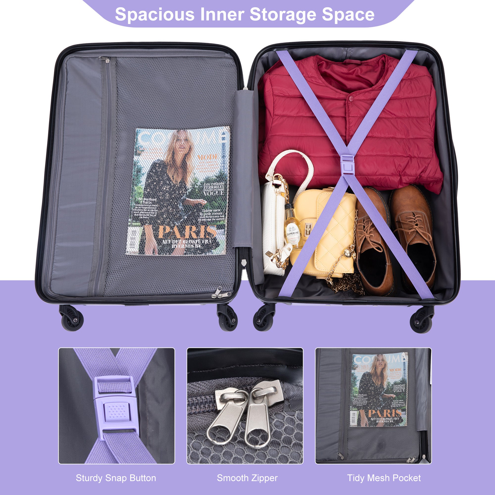 Expandable 3 Piece Luggage Sets PC Lightweight & purple-pc