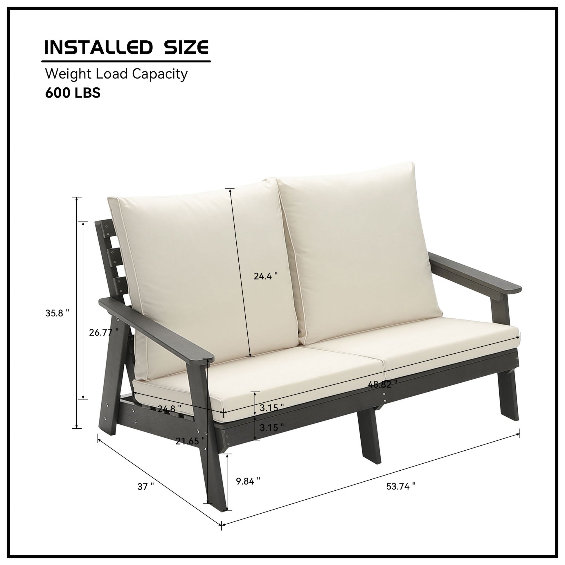 Hips Loveseat With Cushion, Wood Grain Outdoor Garden Sofa, Sofa Set For Porch, Poolside, Terrace, And Yard Grey Beige Grey Hdpe