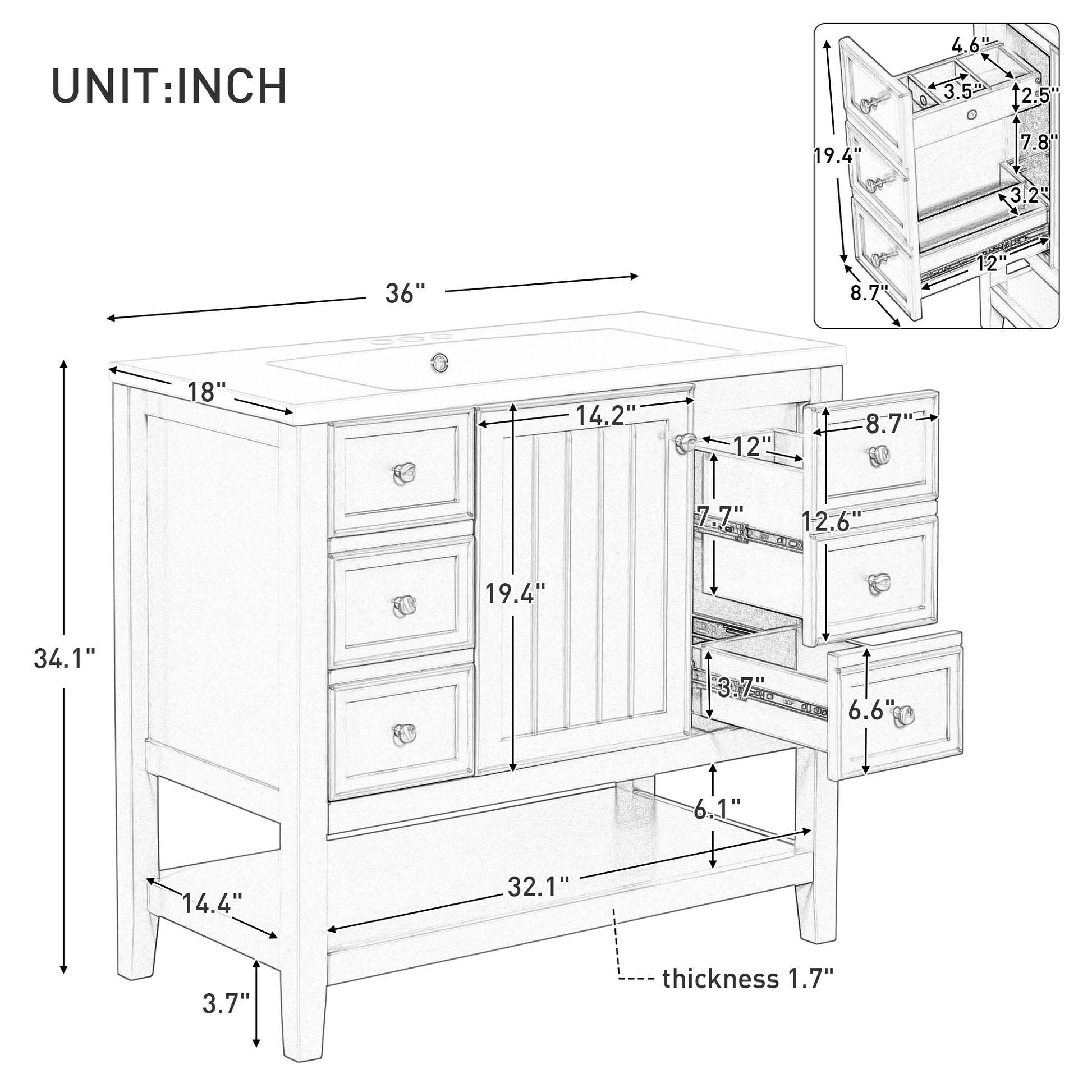 36" Bathroom Vanity With Sink Combo, One Cabinet And Three Drawers, Solid Wood And Mdf Board, Grey Grey Solid Wood Mdf