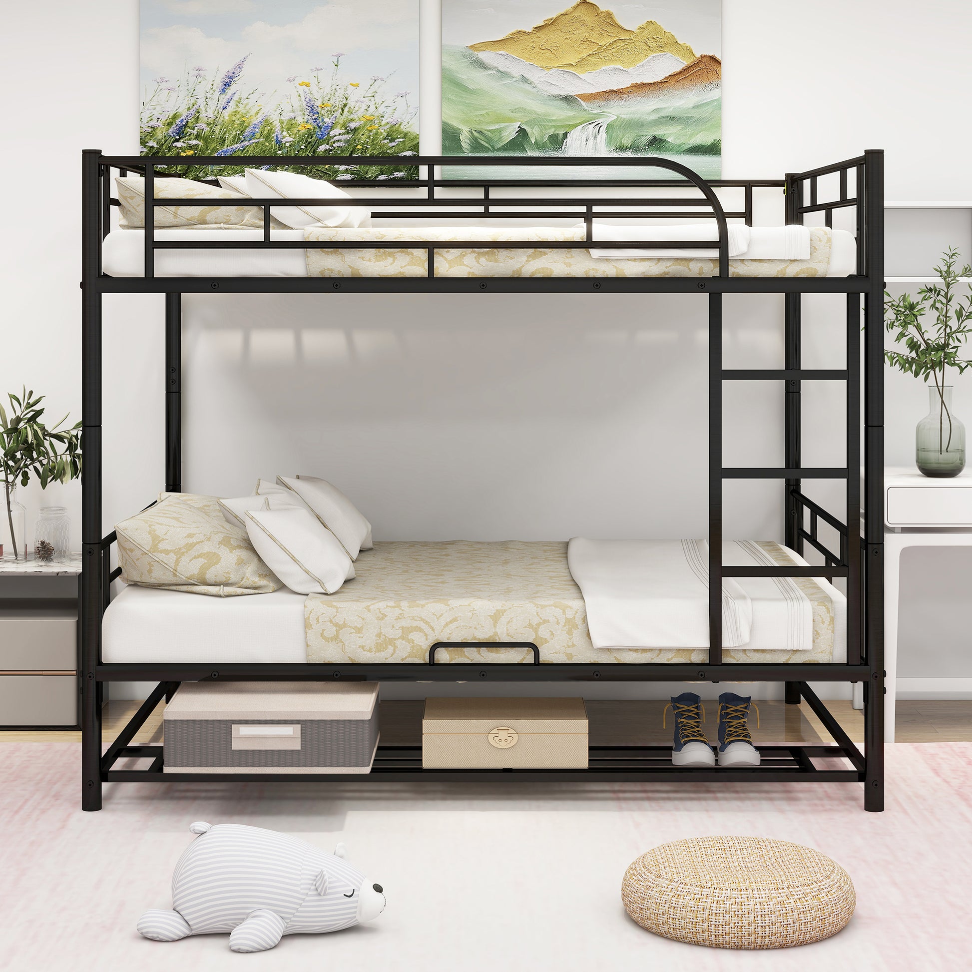 Full Over Full Metal Bunk Bed With Shelf And Guardrails, Black Black Steel