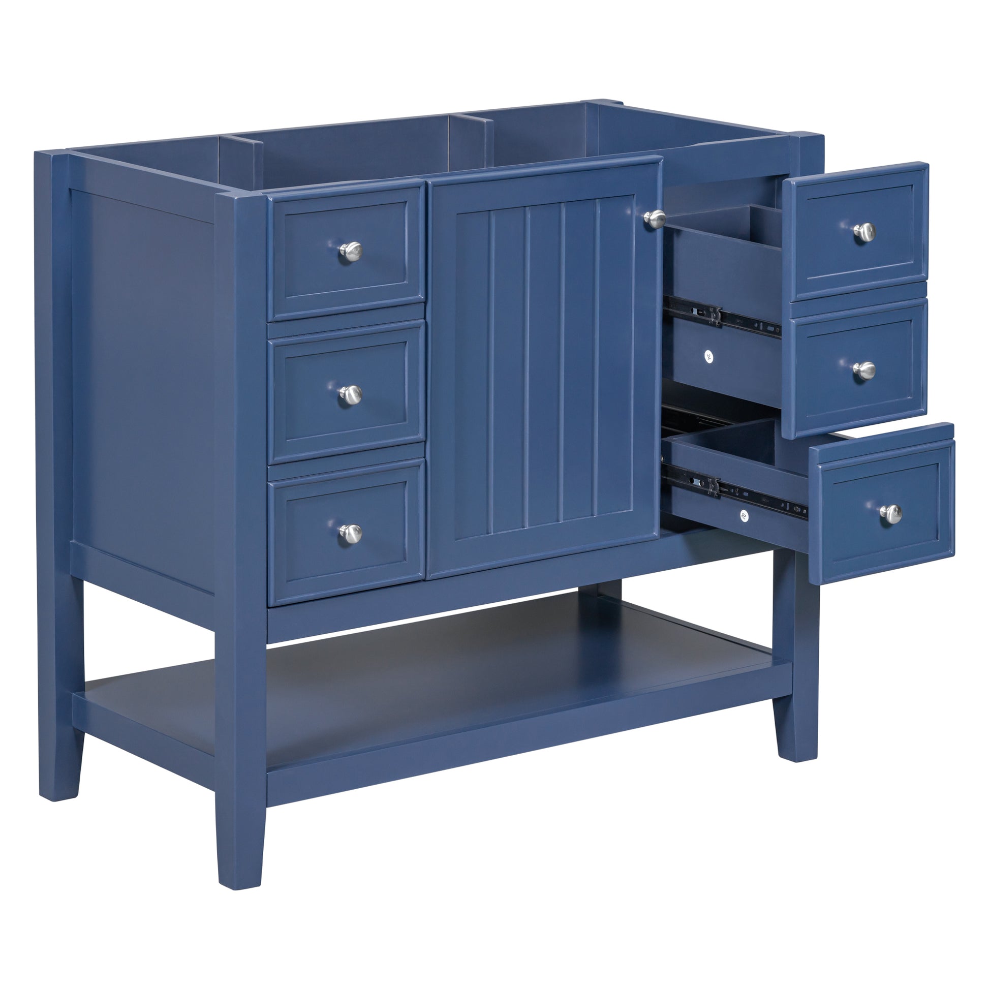 36" Bathroom Vanity Without Sink, Cabinet Base Only, One Cabinet And Three Drawers, Blue Blue Solid Wood Mdf