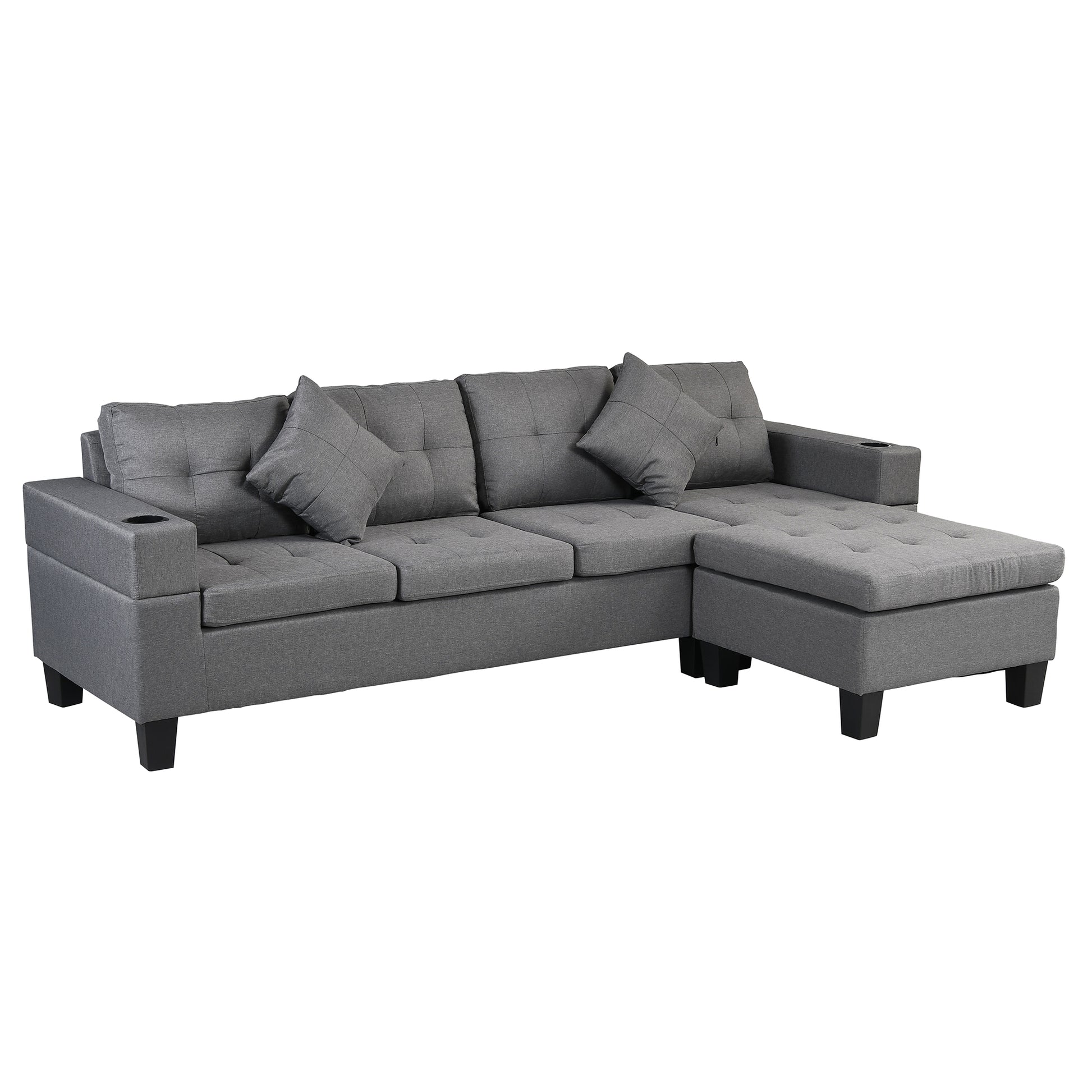 Sectional Sofa Set For Living Room With L Shape Chaise Lounge ,Cup Holder And Left Or Right Hand Chaise Modern 4 Seat Grey Fabric