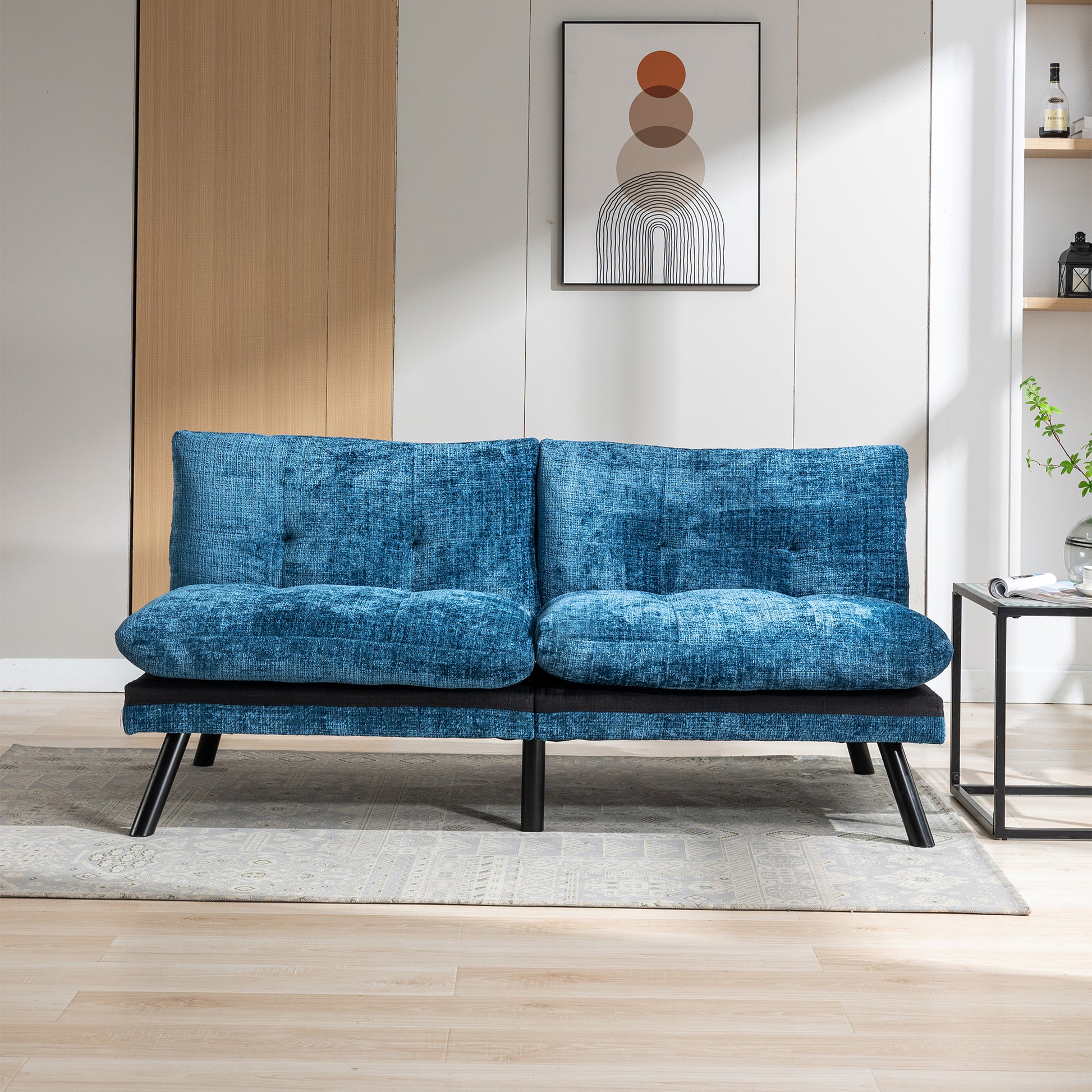 Convertible Sofa Bed Loveseat Futon Bedadjustable Lounge Couch With Metal Legs,Futon Sets For Compact Living Space Chenille Blue Blue Upholstered