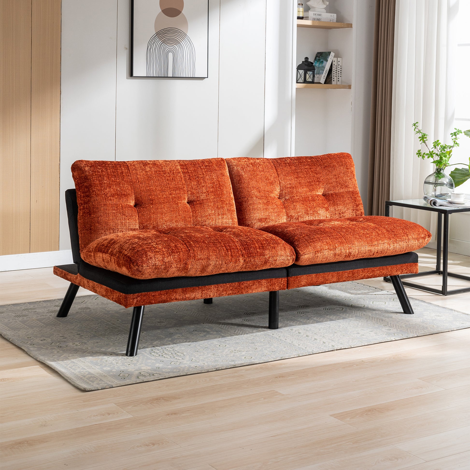 Convertible Sofa Bed Loveseat Futon Bedadjustable Lounge Couch With Metal Legs,Futon Sets For Compact Living Space Chenille Orange Orange Upholstered