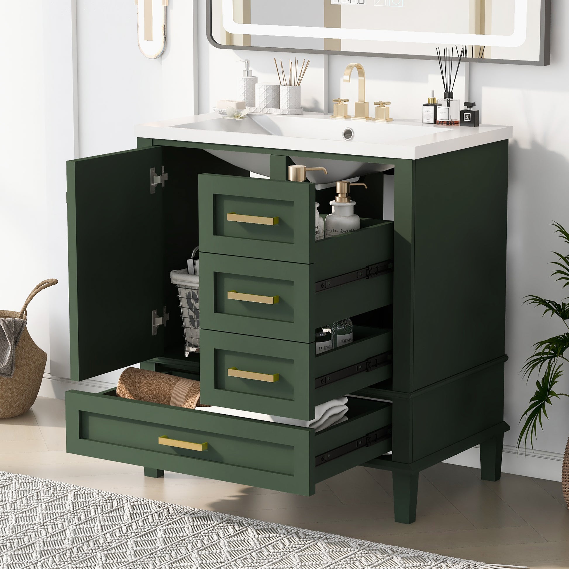 30" Bathroom Vanity In Green, Modern Bathroom Cabinet With Sink Combo Set, Bathroom Storage Cabinet With A Soft Closing Door And 3 Drawers, Solid Wood Frame Resin Basin Green Solid Wood Mdf