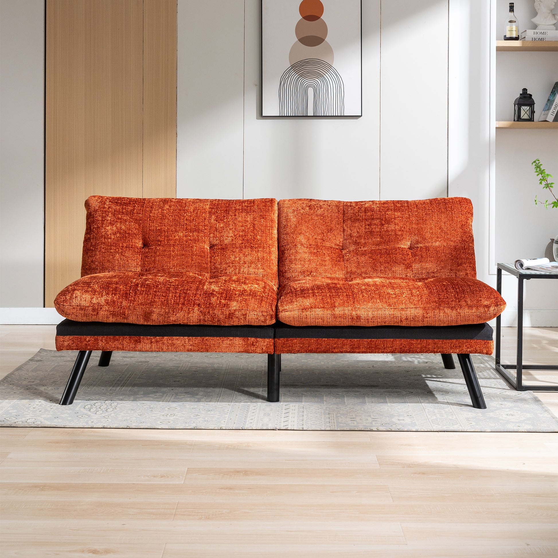 Convertible Sofa Bed Loveseat Futon Bedadjustable Lounge Couch With Metal Legs,Futon Sets For Compact Living Space Chenille Orange Orange Upholstered