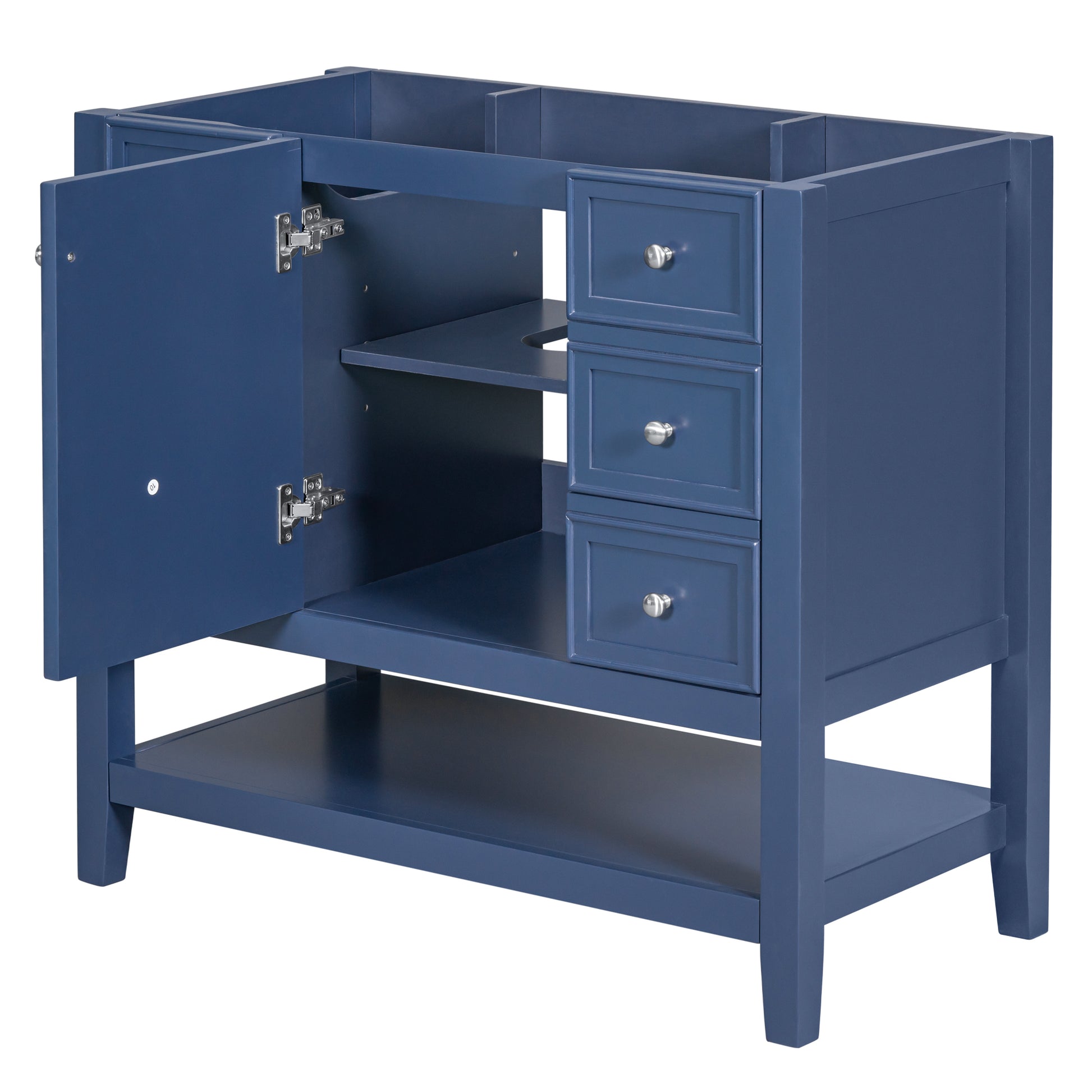 36" Bathroom Vanity Without Sink, Cabinet Base Only, One Cabinet And Three Drawers, Blue Blue Solid Wood Mdf