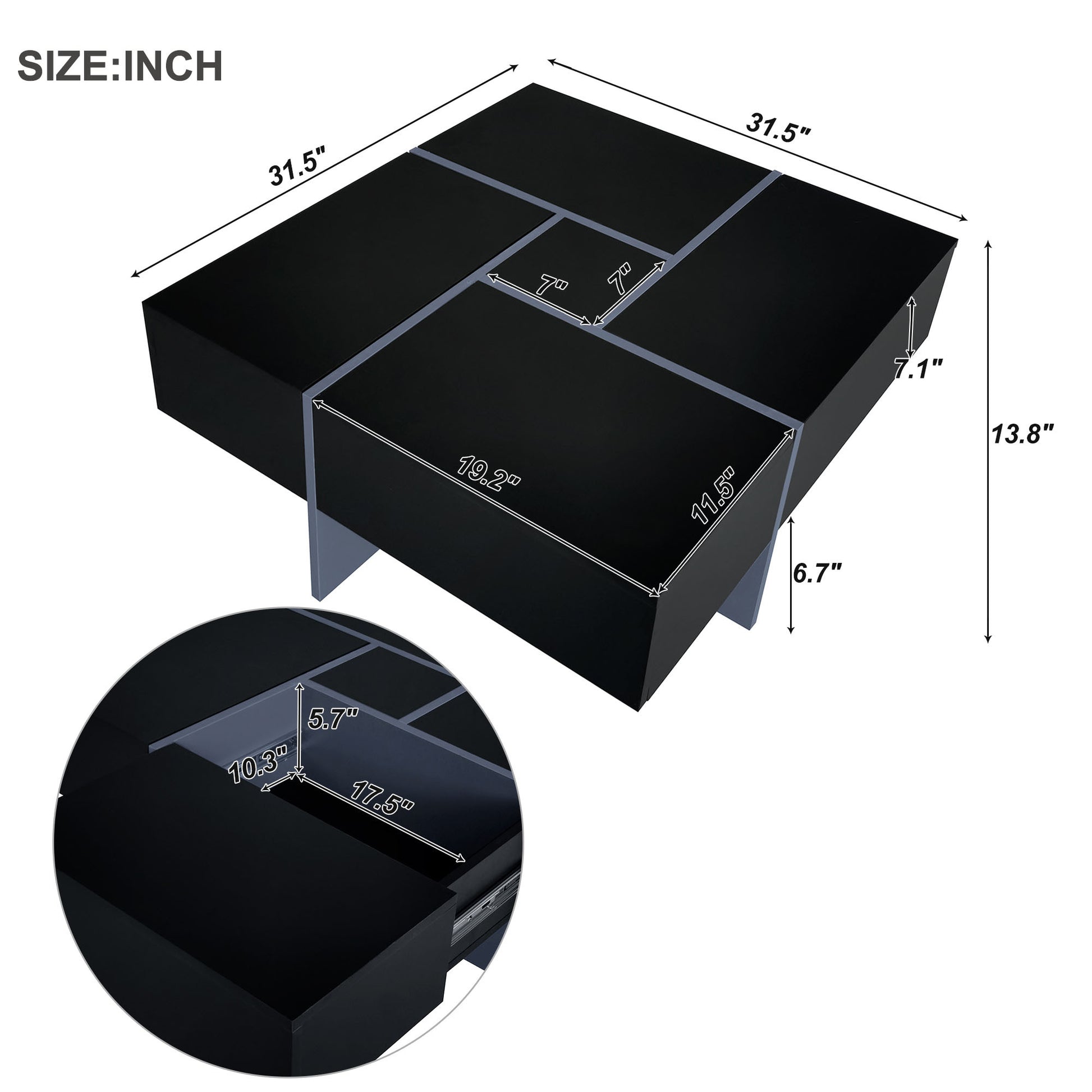 Unique Design Coffee Table With 4 Hidden Storage Compartments, Square Cocktail Table With Extendable Sliding Tabletop, Uv High Gloss Design Center Table For Living Room, 31.5"X 31.5" Black Soft Close Drawers Primary Living Space Freestanding Square