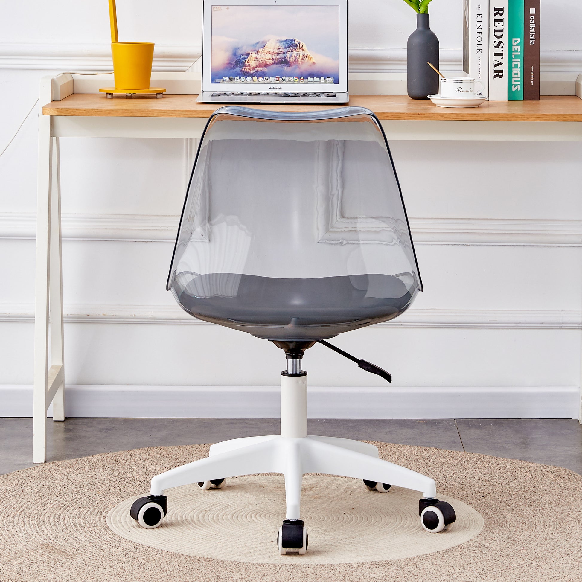 Smoke Gray Modern Home Office Desk And Chair, Adjustable 360 Rotating Chair Engineering Plastic Armless Rotating Computer Chair, Suitable For Living Rooms, Bedrooms, And Offices Grey Plastic