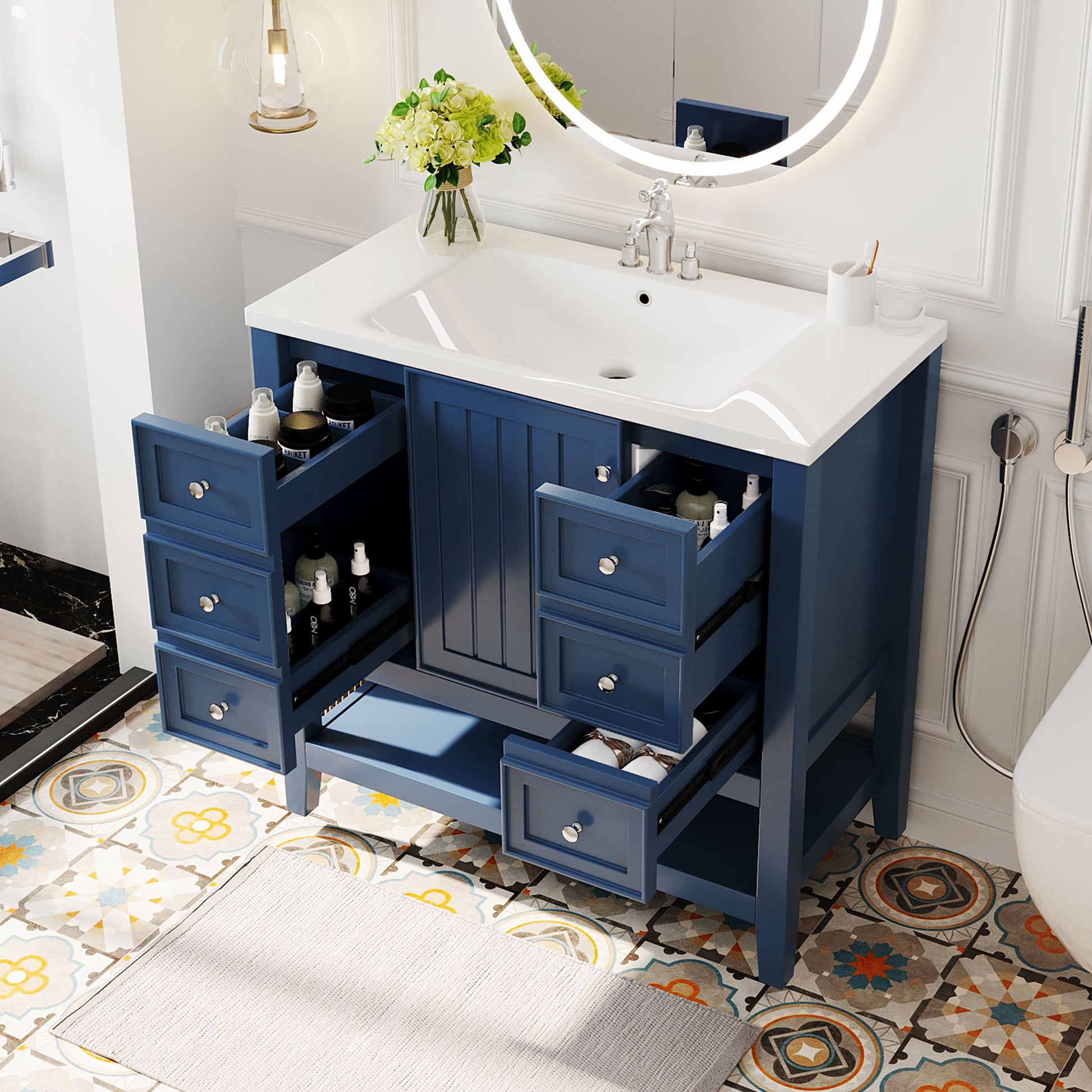 36" Bathroom Vanity With Sink Combo, One Cabinet And Three Drawers, Solid Wood And Mdf Board, Blue Blue Solid Wood Mdf