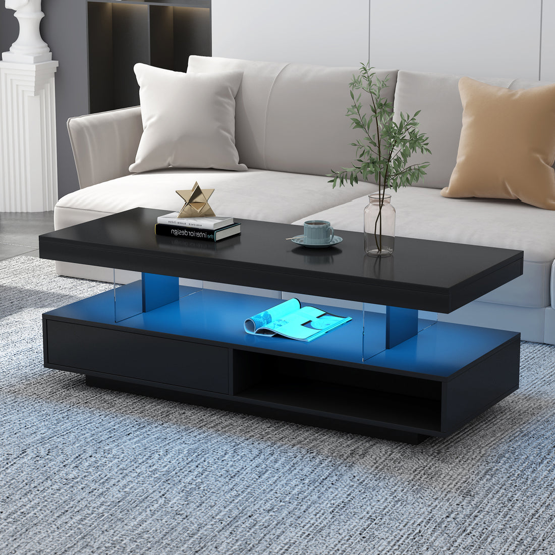 Led Coffee Table With Storage, Modern Center Table With 2 Drawers And Display Shelves, Accent Furniture With Led Lights For Living Room,Black Black Particle Board