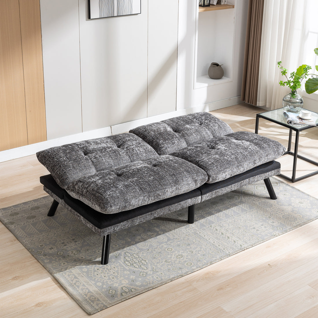 Convertible Sofa Bed Loveseat Futon Bedadjustable Lounge Couch With Metal Legs,Futon Sets For Compact Living Space Chenille Grey Grey Upholstered