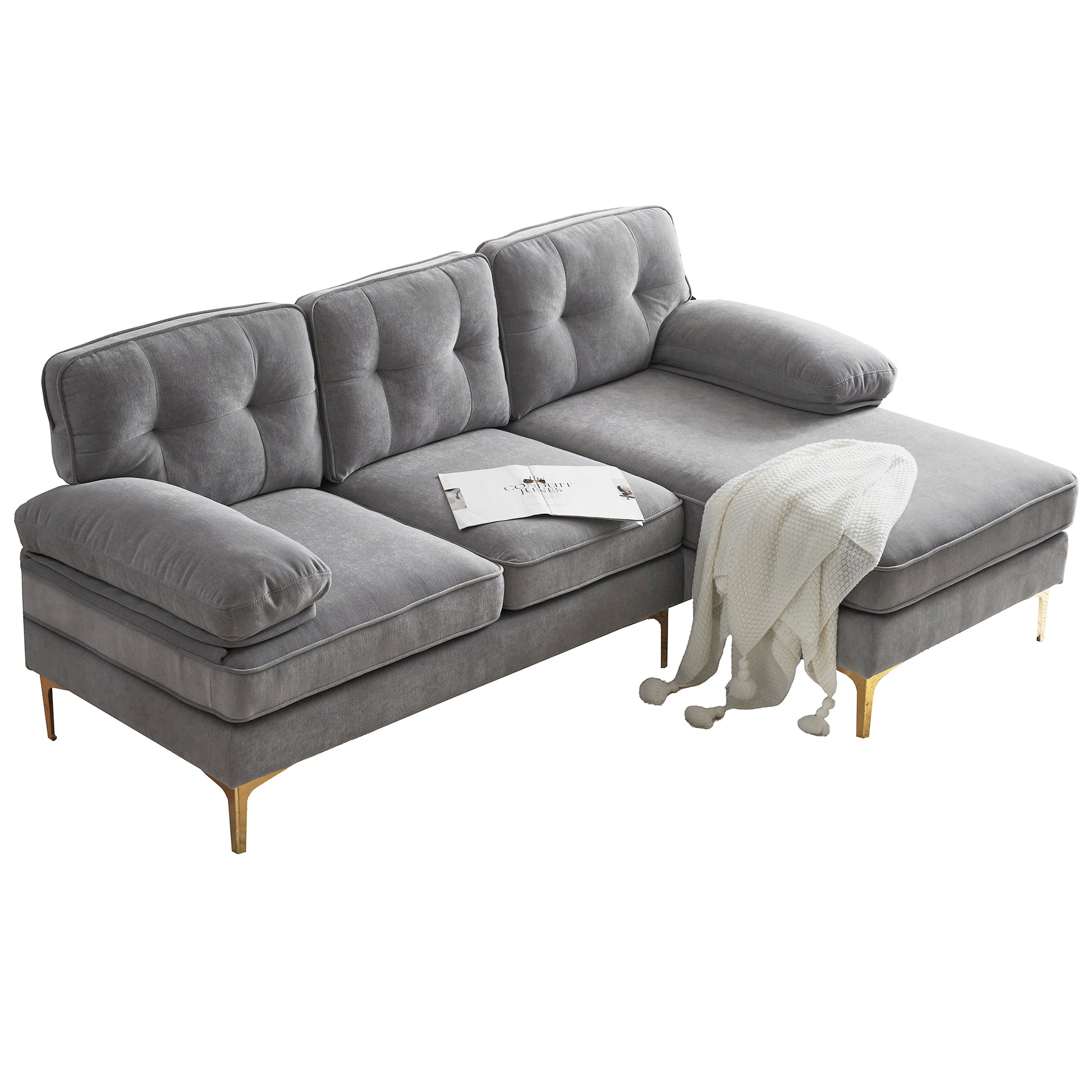 83" Modern Sectional Sofas Couches Velvet L Shaped Couches For Living Room, Bedroom, Light Grey Light Grey Foam Velvet