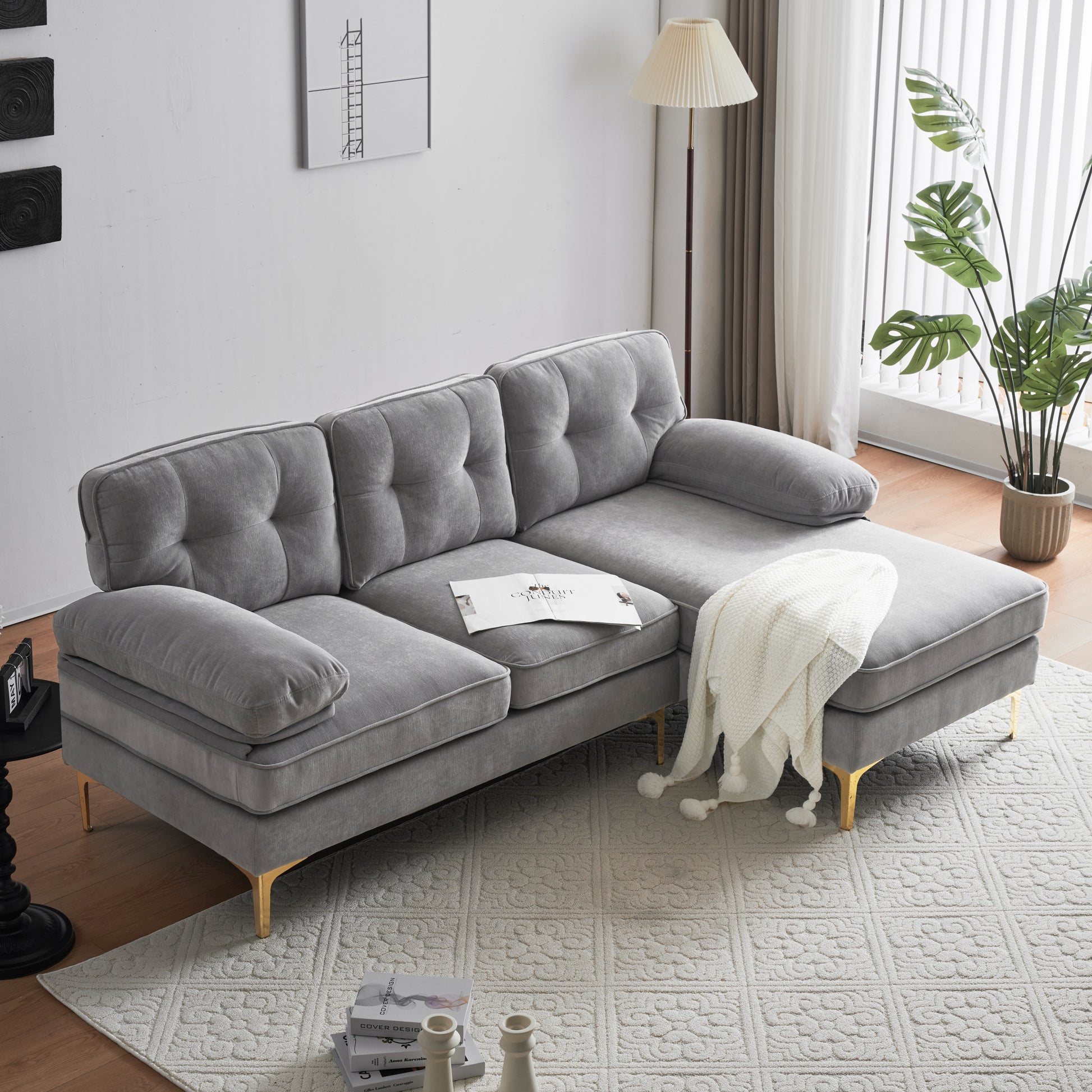 83" Modern Sectional Sofas Couches Velvet L Shaped Couches For Living Room, Bedroom, Light Grey Light Grey Foam Velvet