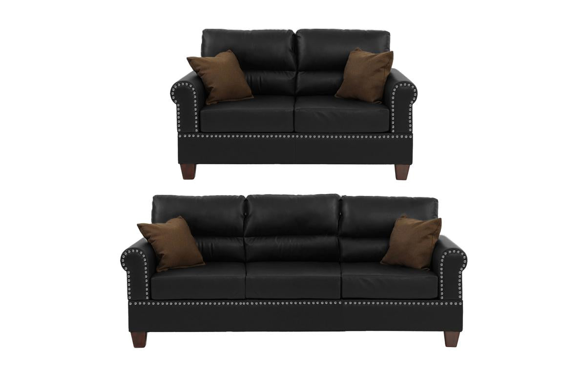 Black Bonded Leather 2Pc Sofa Set Sofa And Loveseat Living Room Furniture Black Faux Leather Wood Primary Living Space Cushion Back Contemporary,Modern Rolled Arms Bonded Leather 5 Seat