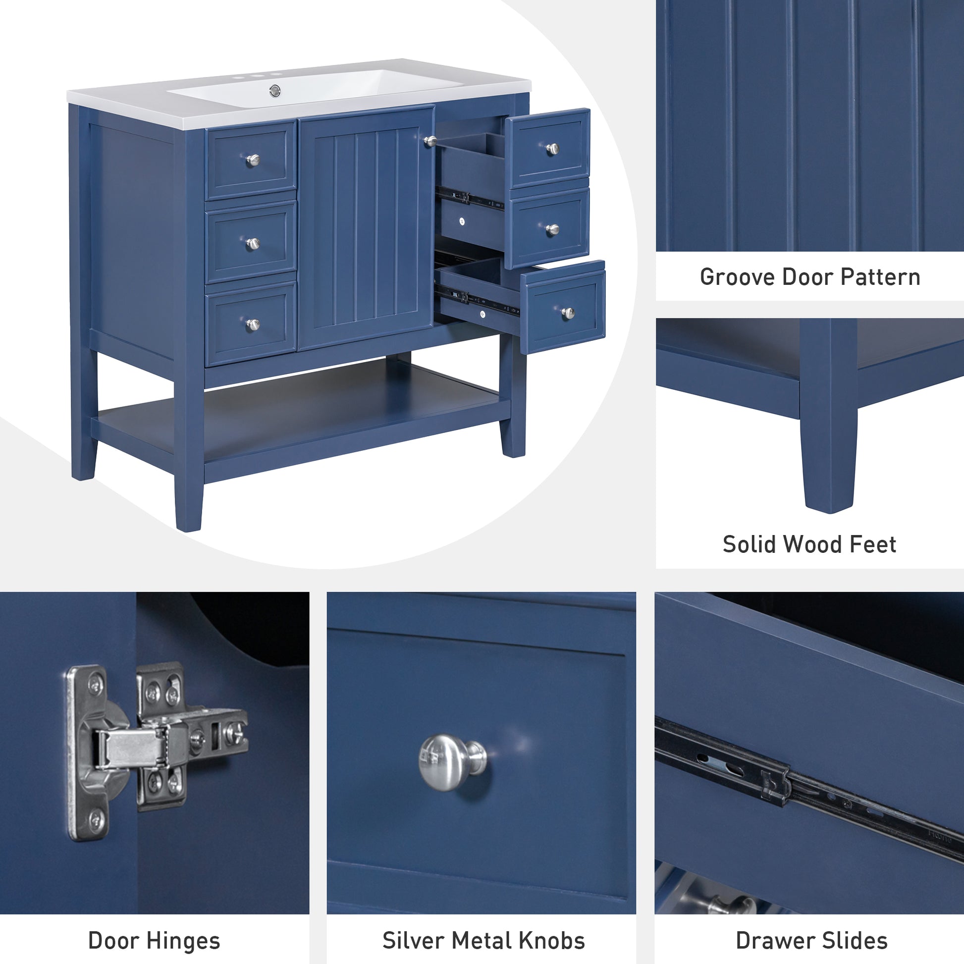 36" Bathroom Vanity Without Sink, Cabinet Base Only, One Cabinet And Three Drawers, Blue Blue Solid Wood Mdf