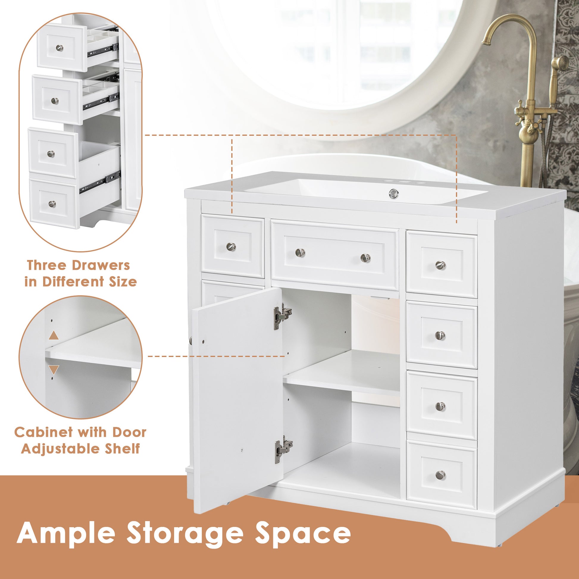 36" Bathroom Vanity With Sink Combo, One Cabinet And Six Drawers, Solid Wood And Mdf Board, White White Solid Wood Mdf