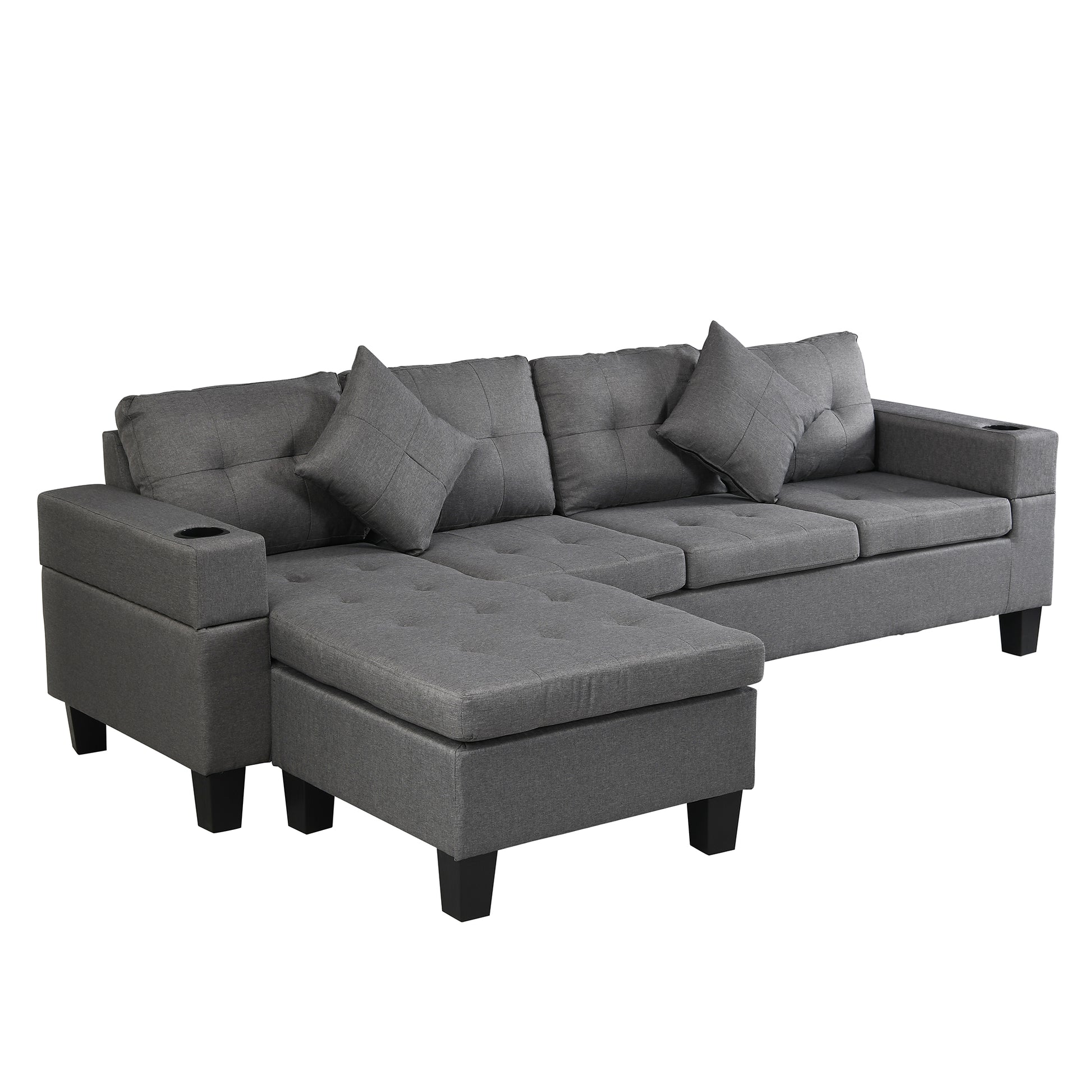 Sectional Sofa Set For Living Room With L Shape Chaise Lounge ,Cup Holder And Left Or Right Hand Chaise Modern 4 Seat Grey Fabric