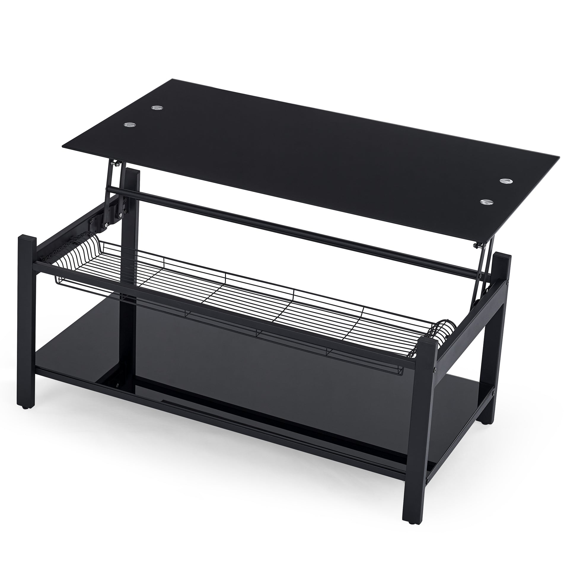 Lift And Lift Coffee Table With Hidden Dividers And Storage Shelves, Lift And Lift Tempered Glass Top Dining Table For Living Room Reception Room, Black Black Tempered Glass