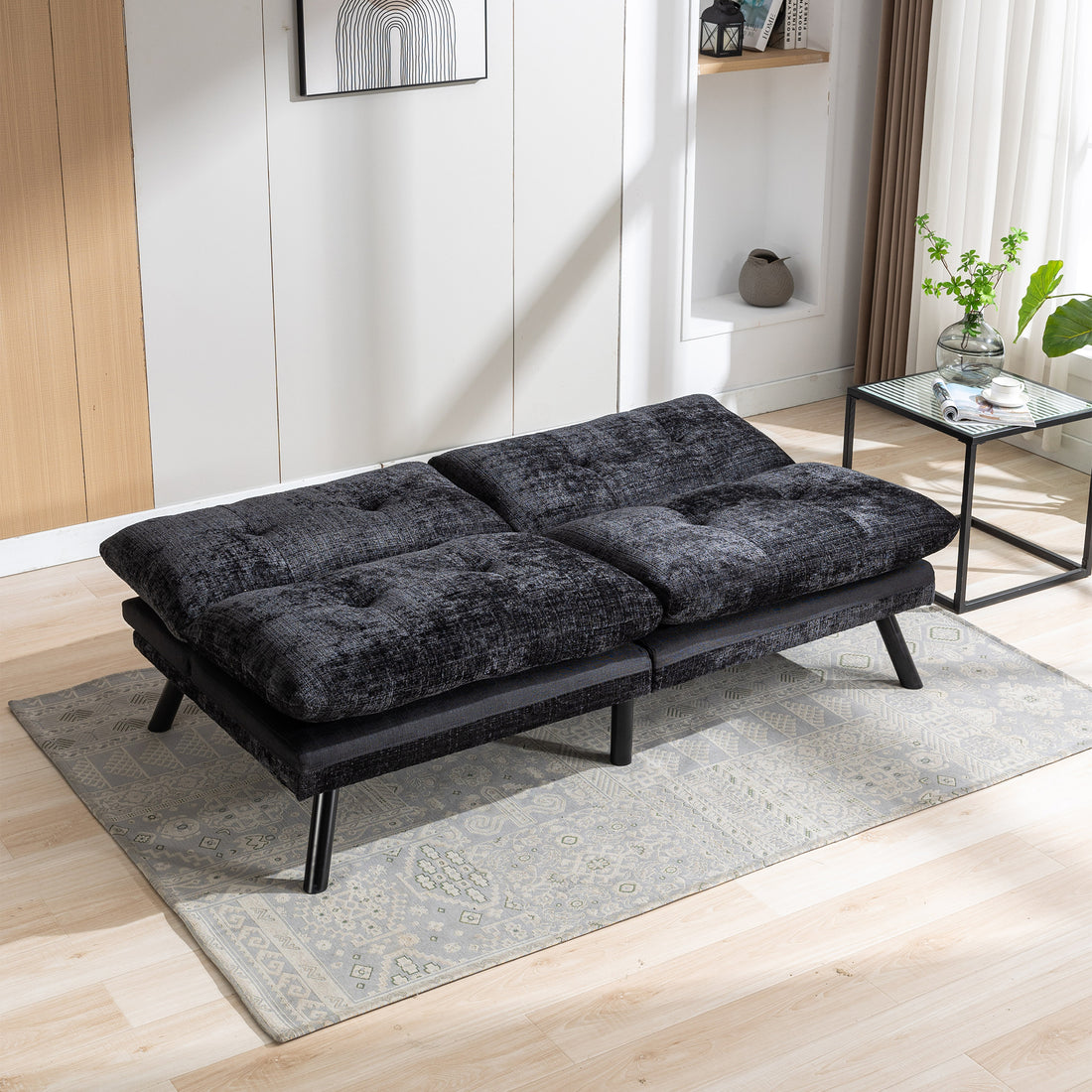 Convertible Sofa Bed Loveseat Futon Bedadjustable Lounge Couch With Metal Legs,Futon Sets For Compact Living Space Chenille Black Upholstered