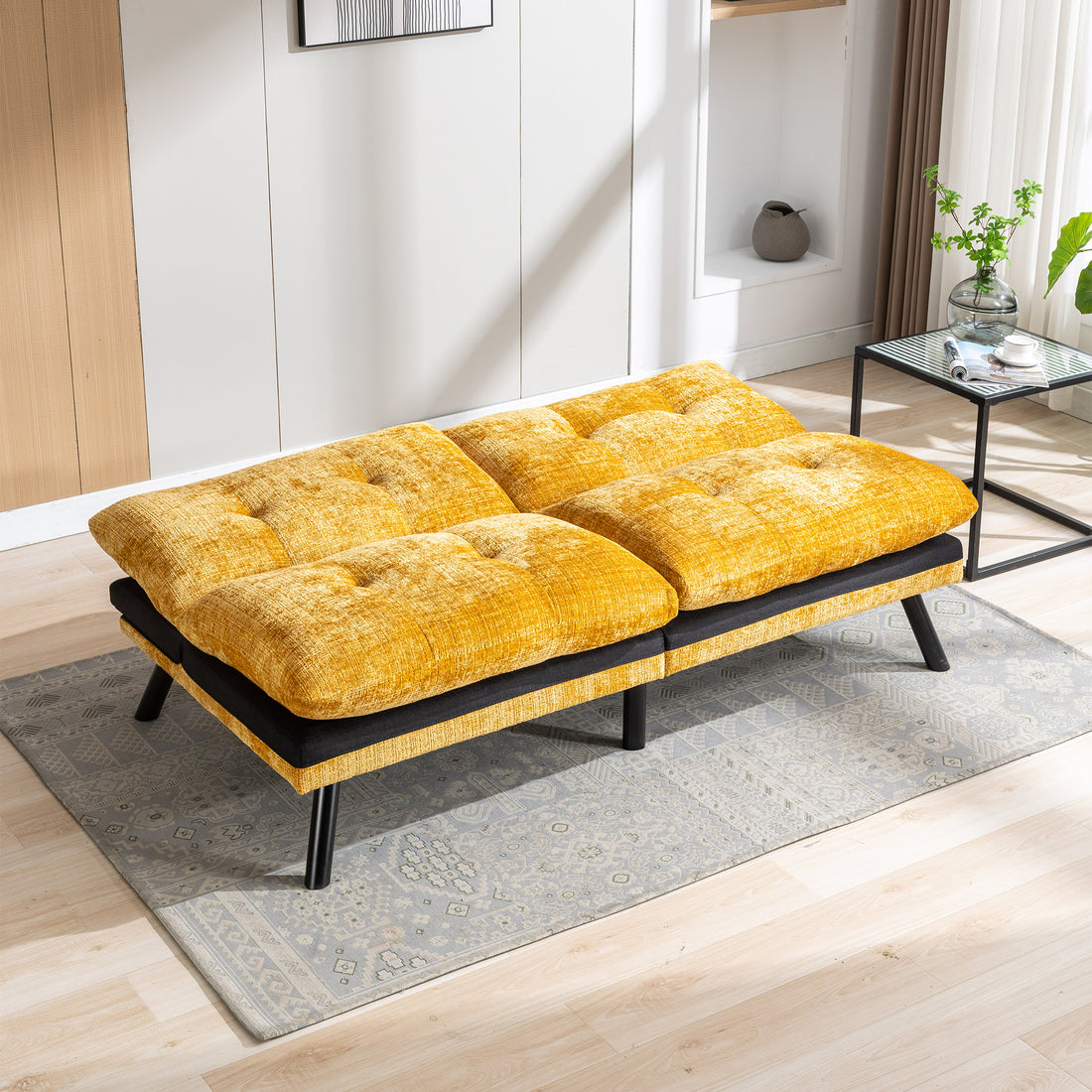 Convertible Sofa Bed Loveseat Futon Bedadjustable Lounge Couch With Metal Legs,Futon Sets For Compact Living Space Chenille Yellow Yellow Upholstered