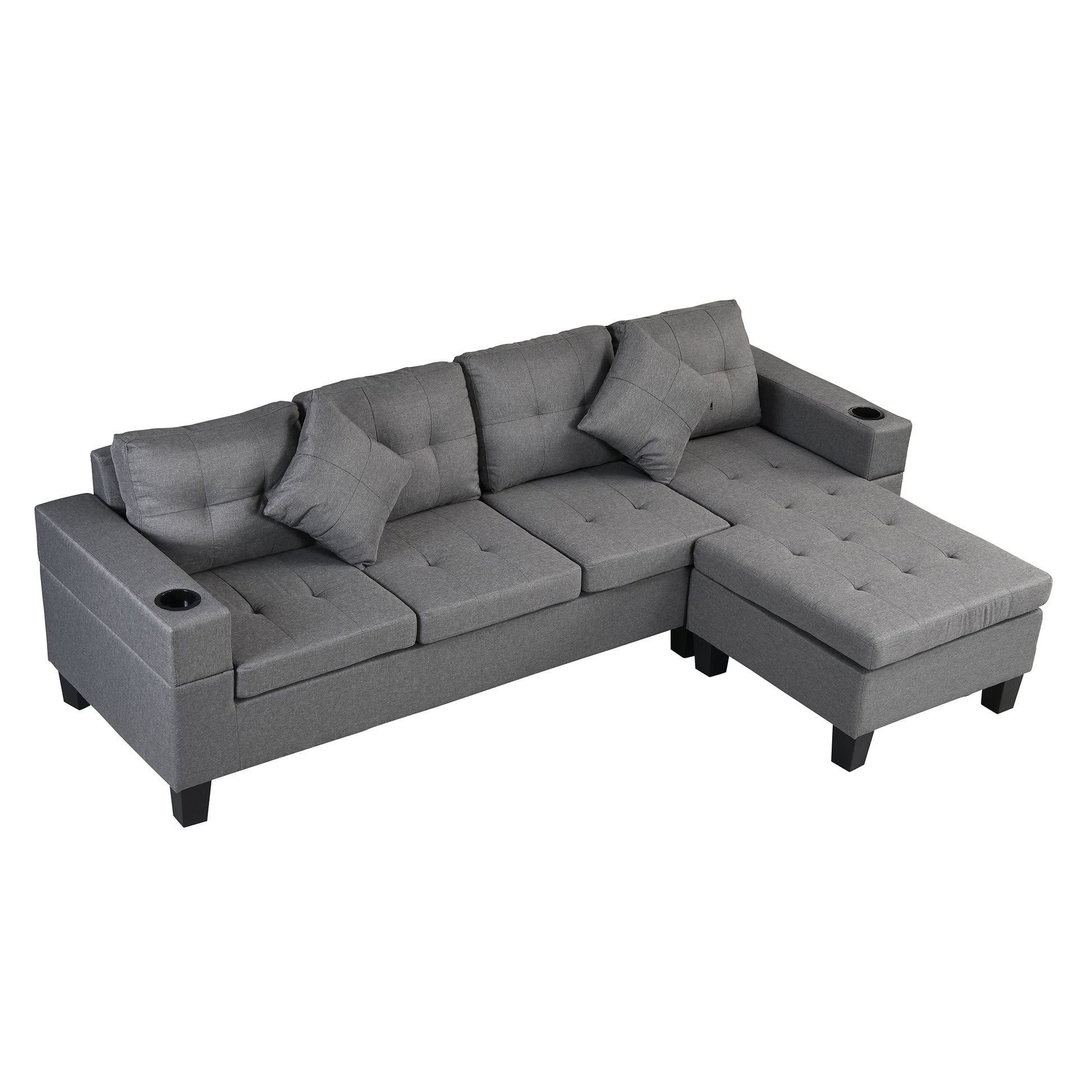 Sectional Sofa Set For Living Room With L Shape Chaise Lounge ,Cup Holder And Left Or Right Hand Chaise Modern 4 Seat Grey Fabric