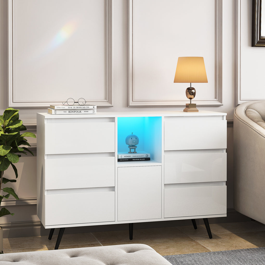 Living Room Sideboard Storage Cabinet White High Gloss With Led Light, Modern Kitchen Unit Cupboard Buffet Wooden Storage Display Cabinet White Mdf