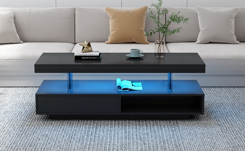 Led Coffee Table With Storage, Modern Center Table With 2 Drawers And Display Shelves, Accent Furniture With Led Lights For Living Room,Black Black Particle Board