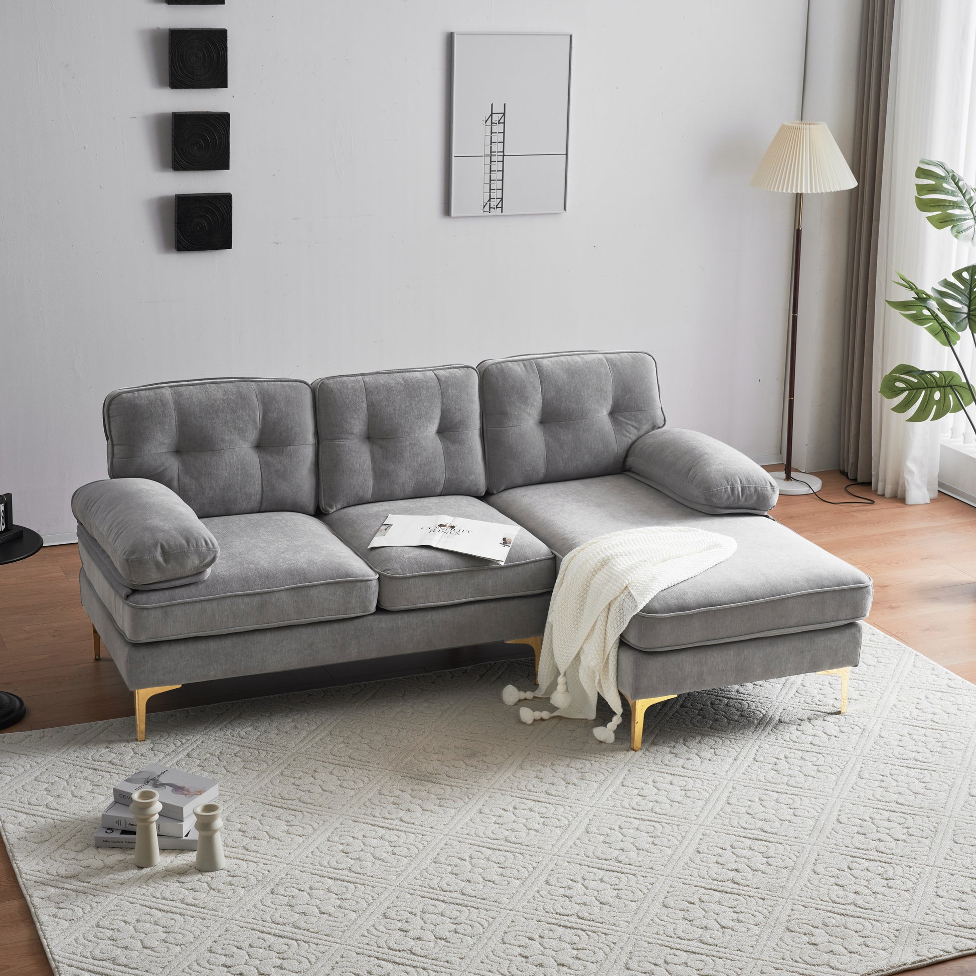 83" Modern Sectional Sofas Couches Velvet L Shaped Couches For Living Room, Bedroom, Light Grey Light Grey Foam Velvet