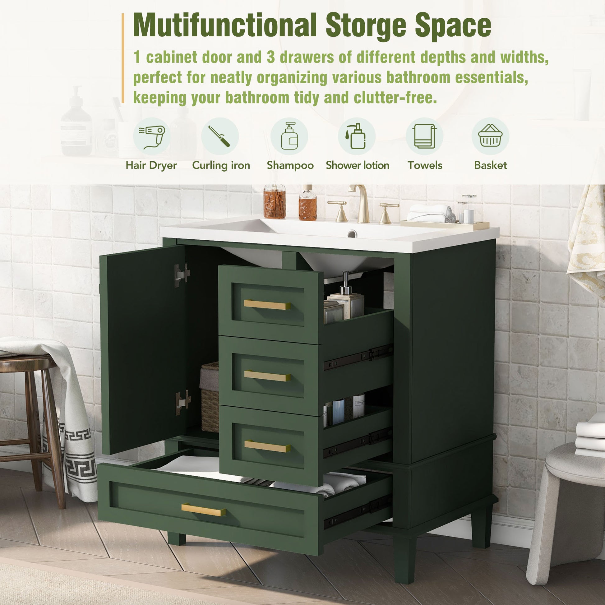 30" Bathroom Vanity In Green, Modern Bathroom Cabinet With Sink Combo Set, Bathroom Storage Cabinet With A Soft Closing Door And 3 Drawers, Solid Wood Frame Resin Basin Green Solid Wood Mdf