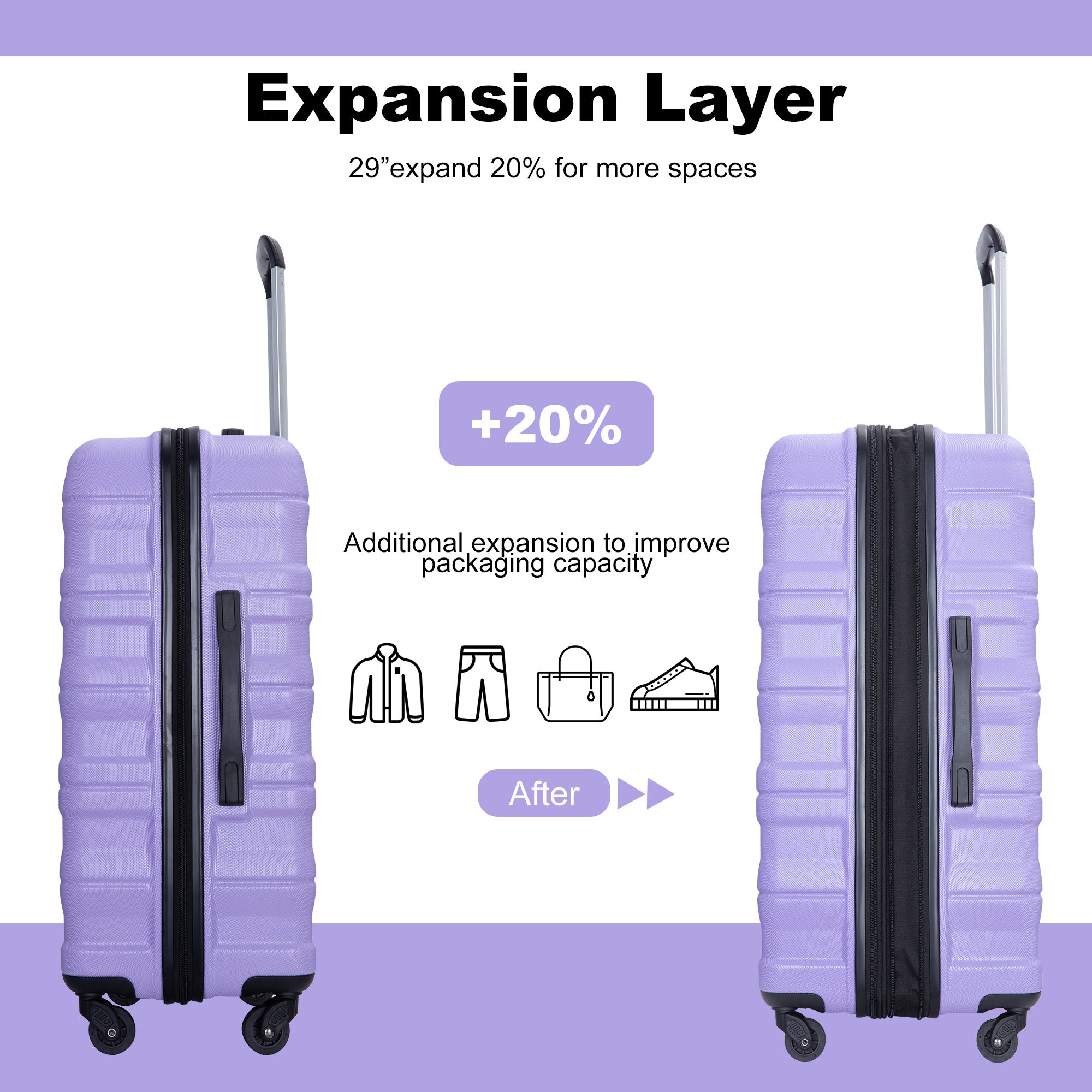 Expandable 3 Piece Luggage Sets PC Lightweight & purple-pc