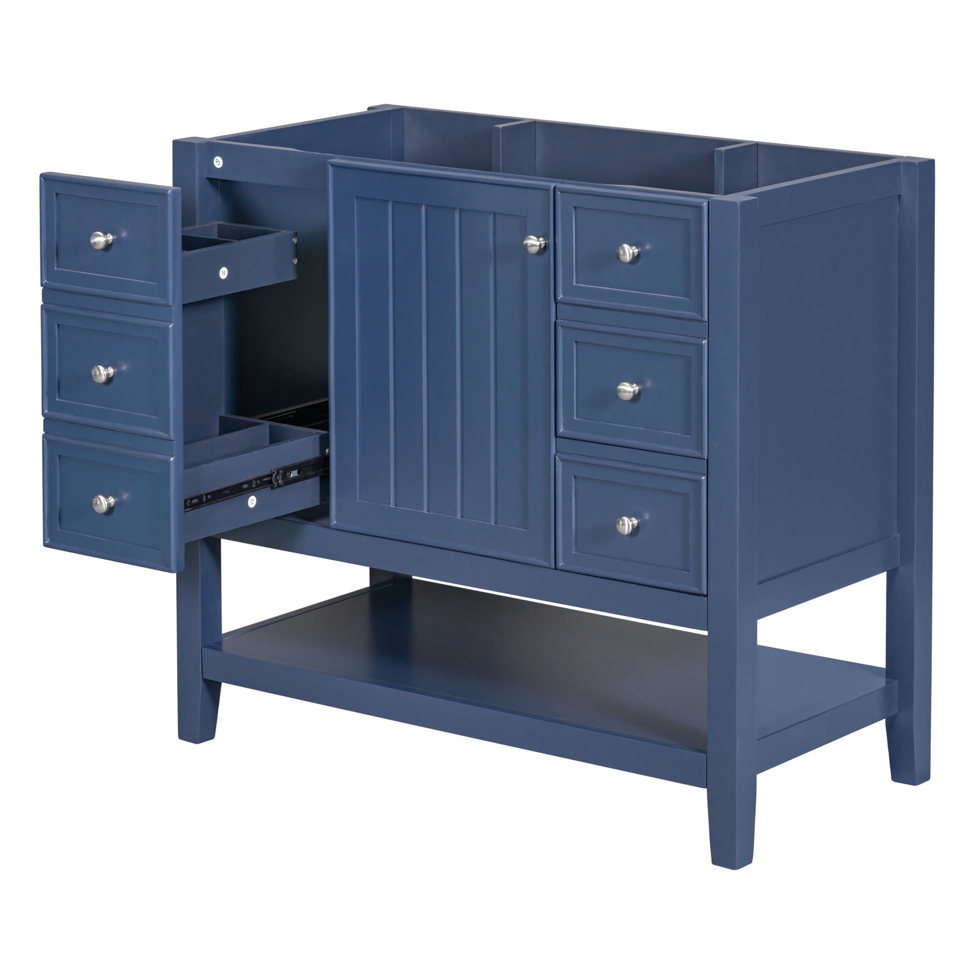 36" Bathroom Vanity Without Sink, Cabinet Base Only, One Cabinet And Three Drawers, Blue Blue Solid Wood Mdf