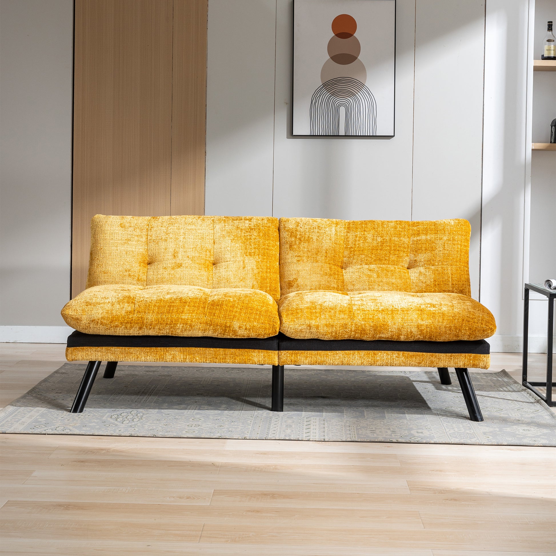 Convertible Sofa Bed Loveseat Futon Bedadjustable Lounge Couch With Metal Legs,Futon Sets For Compact Living Space Chenille Yellow Yellow Upholstered