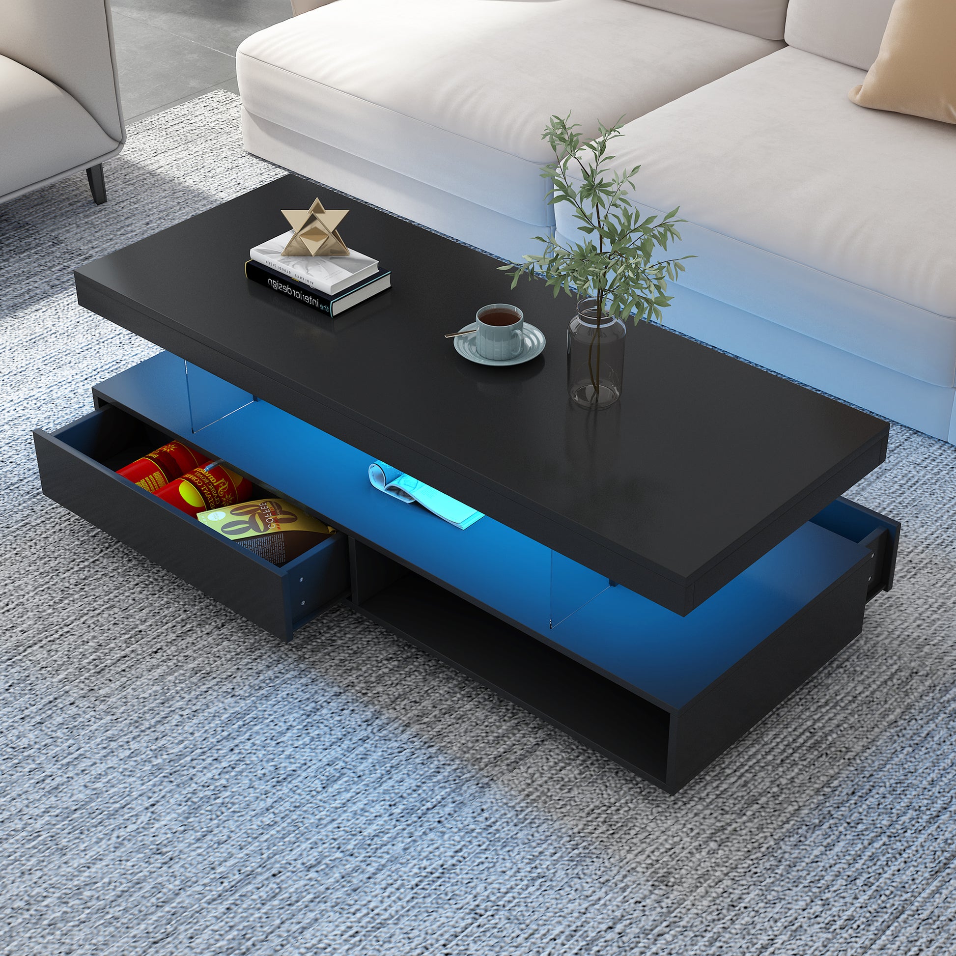 Led Coffee Table With Storage, Modern Center Table With 2 Drawers And Display Shelves, Accent Furniture With Led Lights For Living Room,Black Black Particle Board