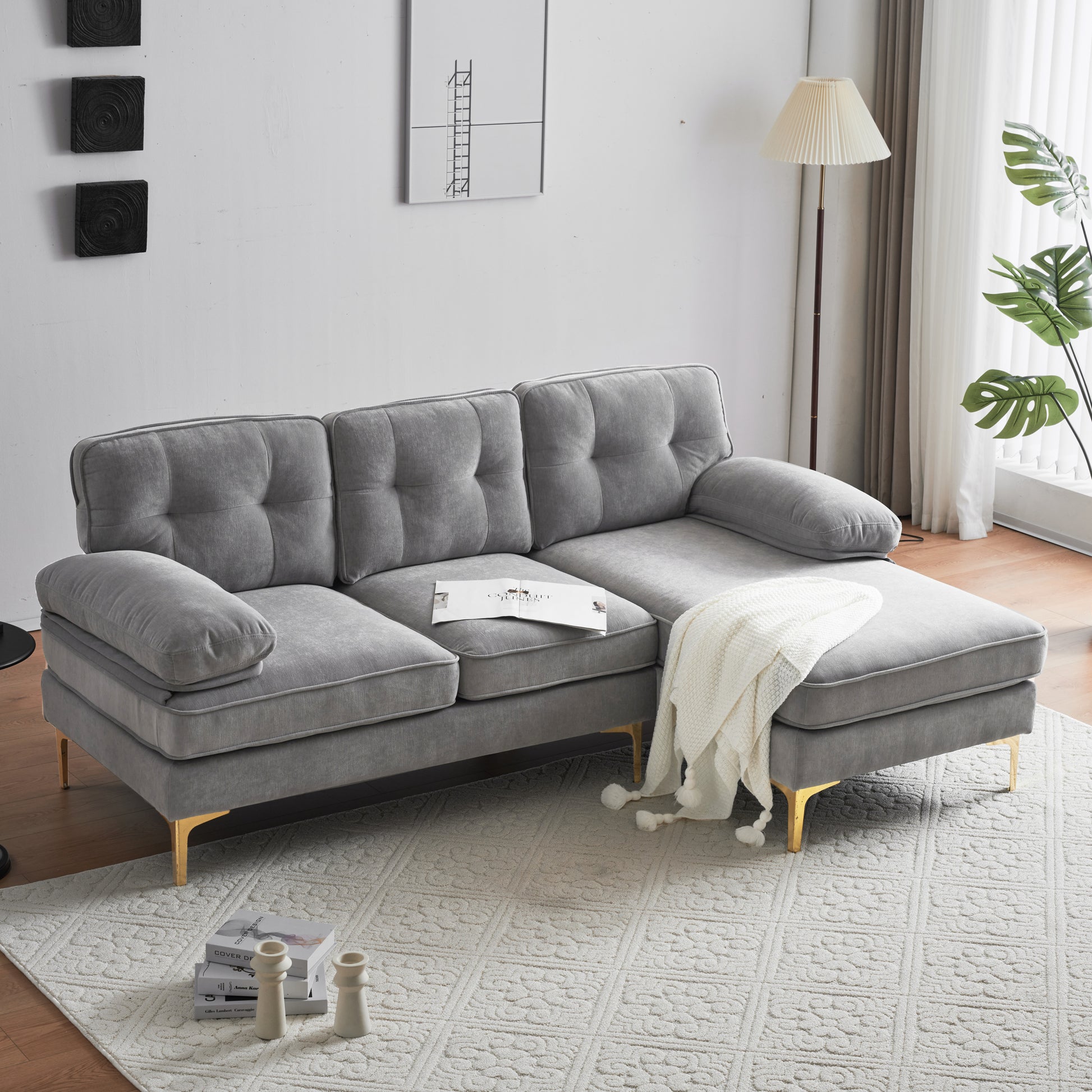 83" Modern Sectional Sofas Couches Velvet L Shaped Couches For Living Room, Bedroom, Light Grey Light Grey Foam Velvet