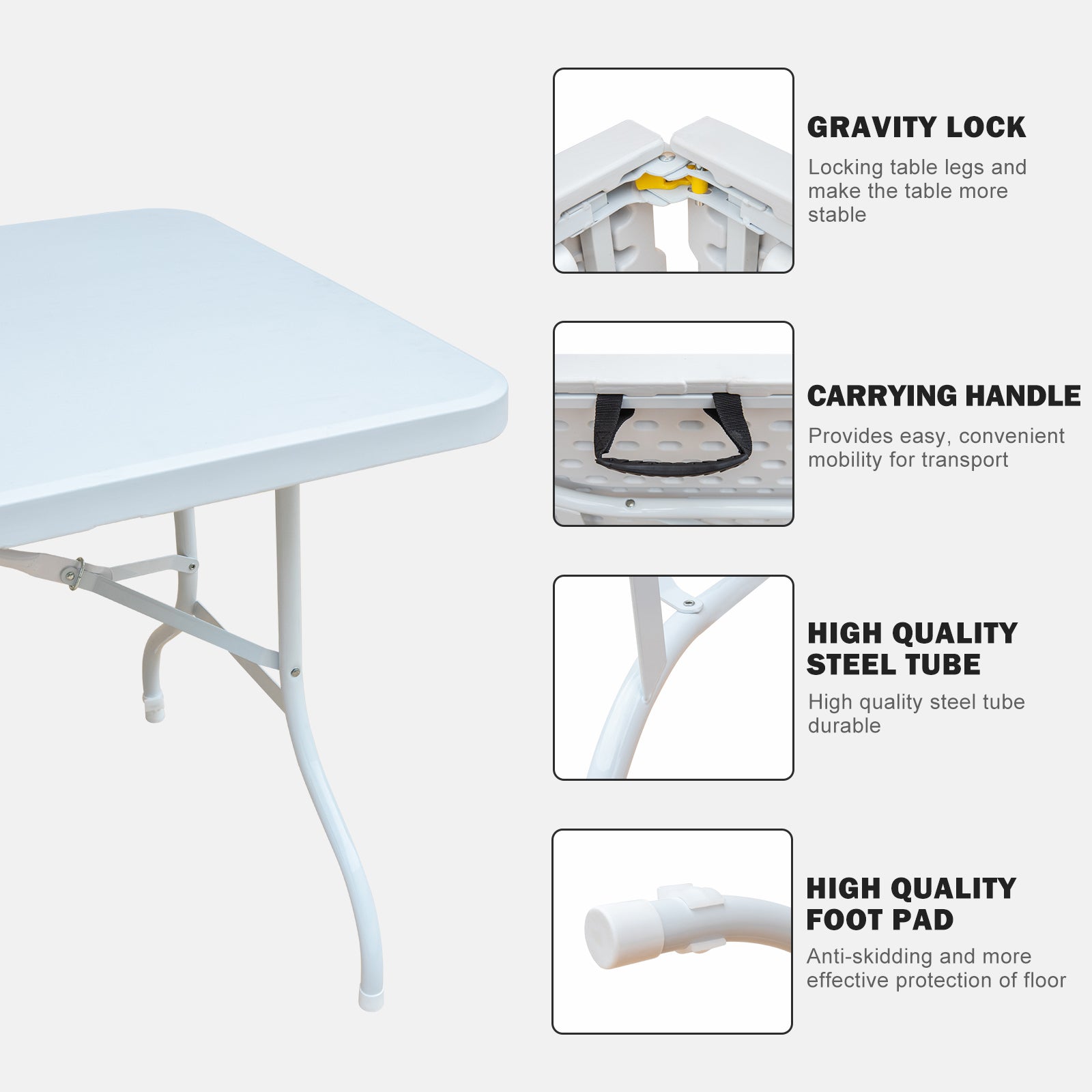 6Ft Folding Table, Portable Plastic Table For Camping, Picnics, Parties, High Load Bearing Foldable Table White White Iron