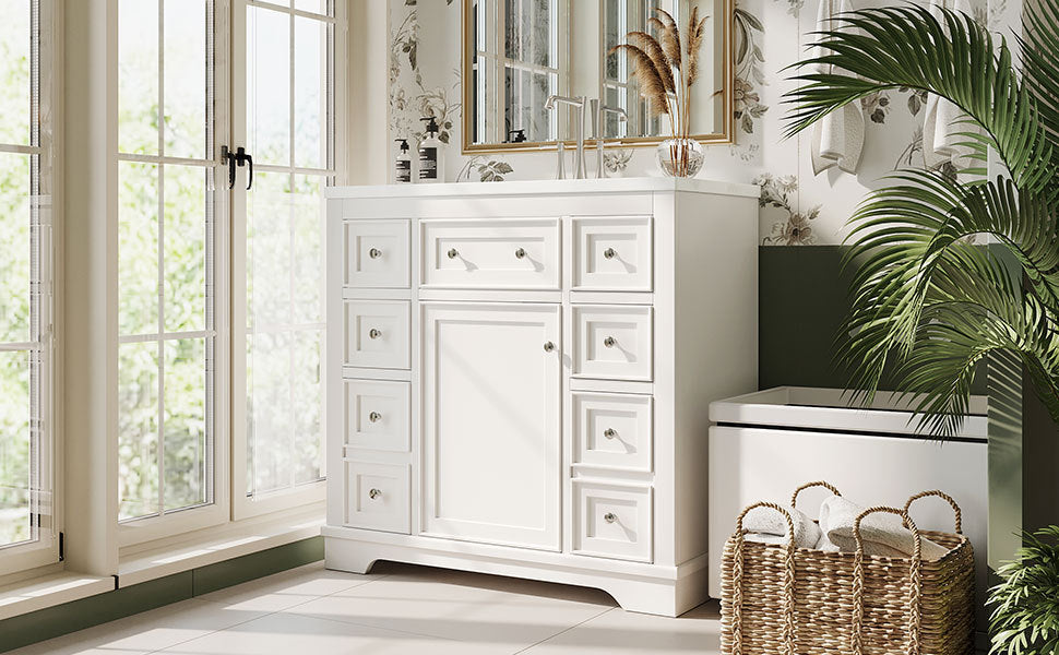 36" Bathroom Vanity With Sink Combo, One Cabinet And Six Drawers, Solid Wood And Mdf Board, White White Solid Wood Mdf