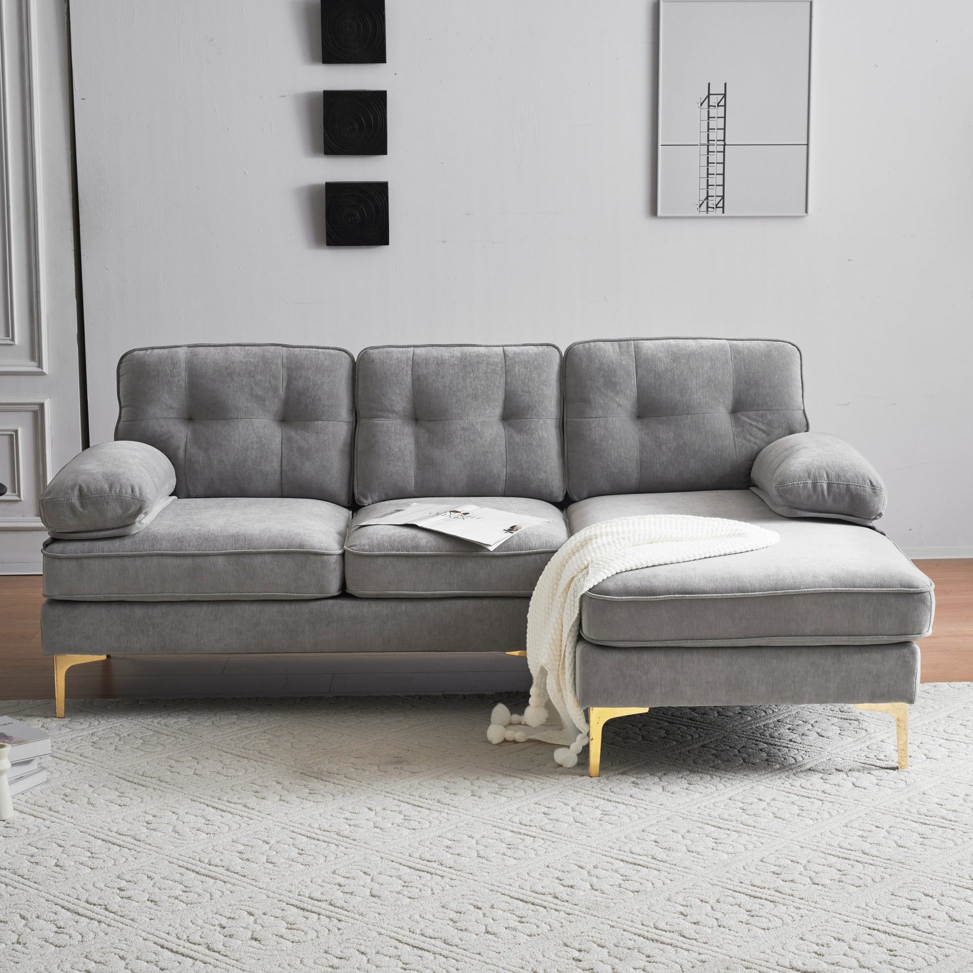 83" Modern Sectional Sofas Couches Velvet L Shaped Couches For Living Room, Bedroom, Light Grey Light Grey Foam Velvet