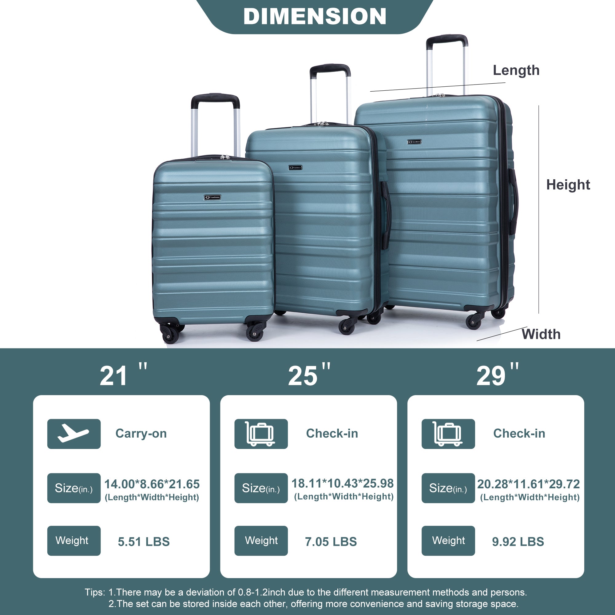 Expandable 3 Piece Luggage Sets PC Lightweight & dark green-pc
