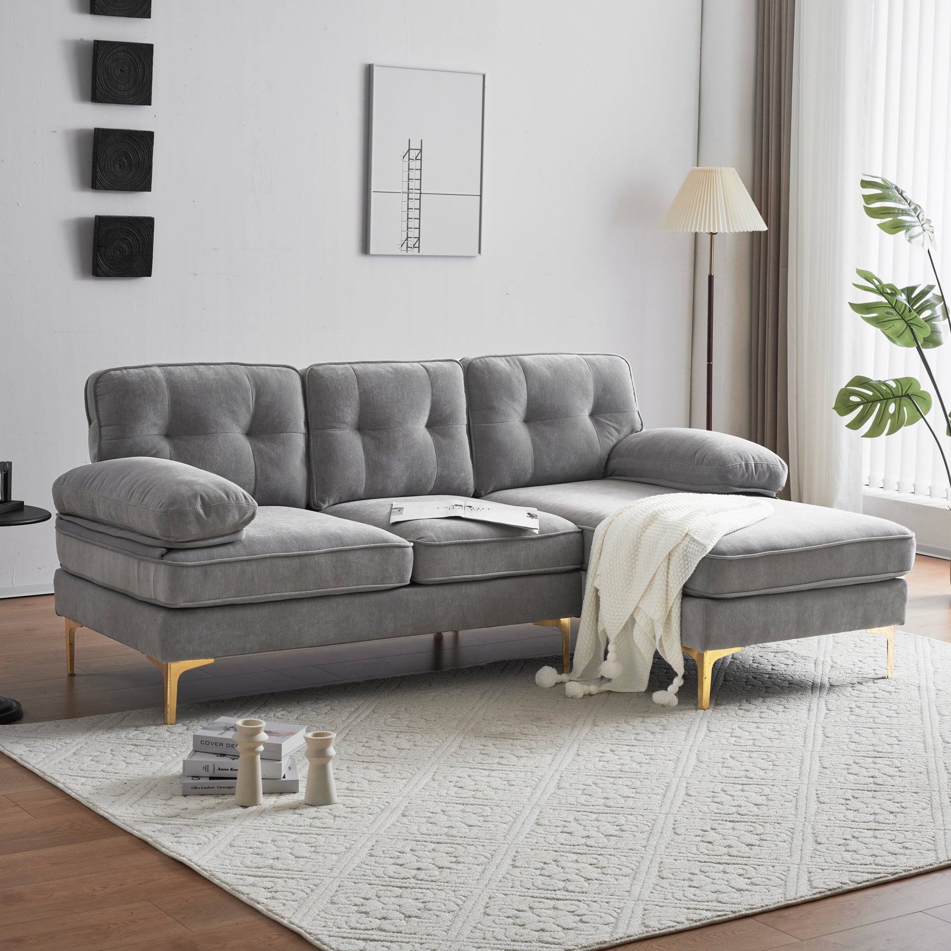 83" Modern Sectional Sofas Couches Velvet L Shaped Couches For Living Room, Bedroom, Light Grey Light Grey Foam Velvet