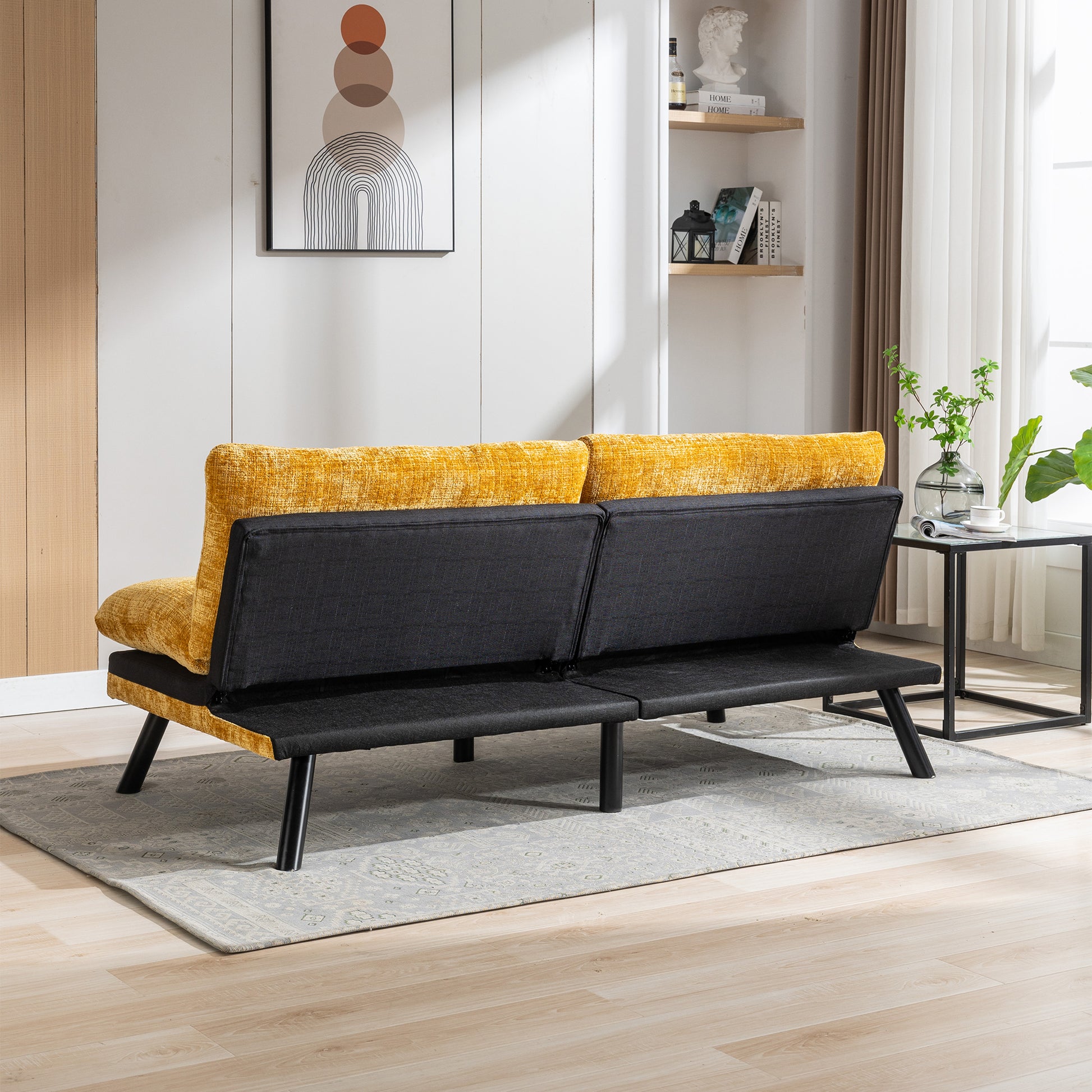 Convertible Sofa Bed Loveseat Futon Bedadjustable Lounge Couch With Metal Legs,Futon Sets For Compact Living Space Chenille Yellow Yellow Upholstered