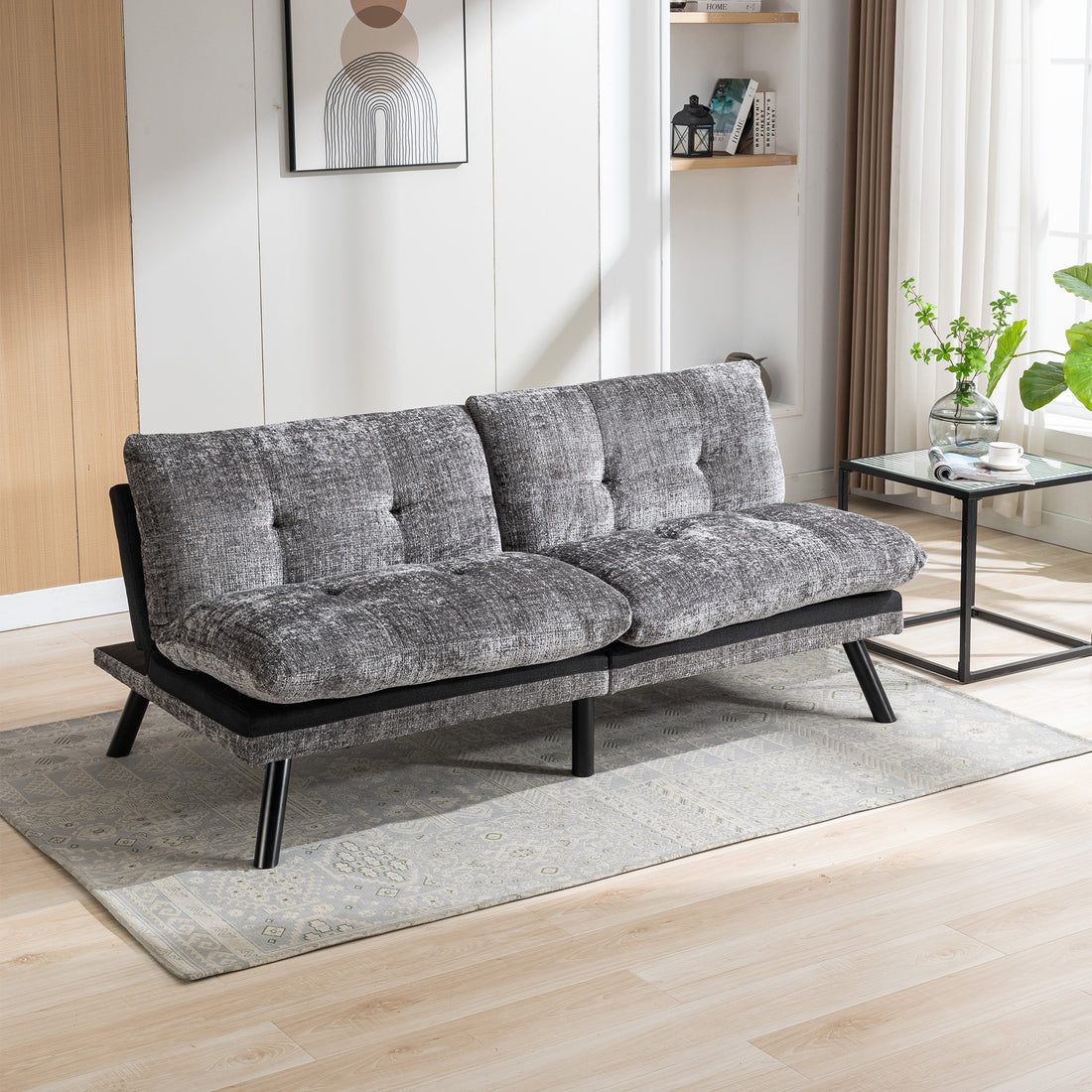 Convertible Sofa Bed Loveseat Futon Bedadjustable Lounge Couch With Metal Legs,Futon Sets For Compact Living Space Chenille Grey Grey Upholstered